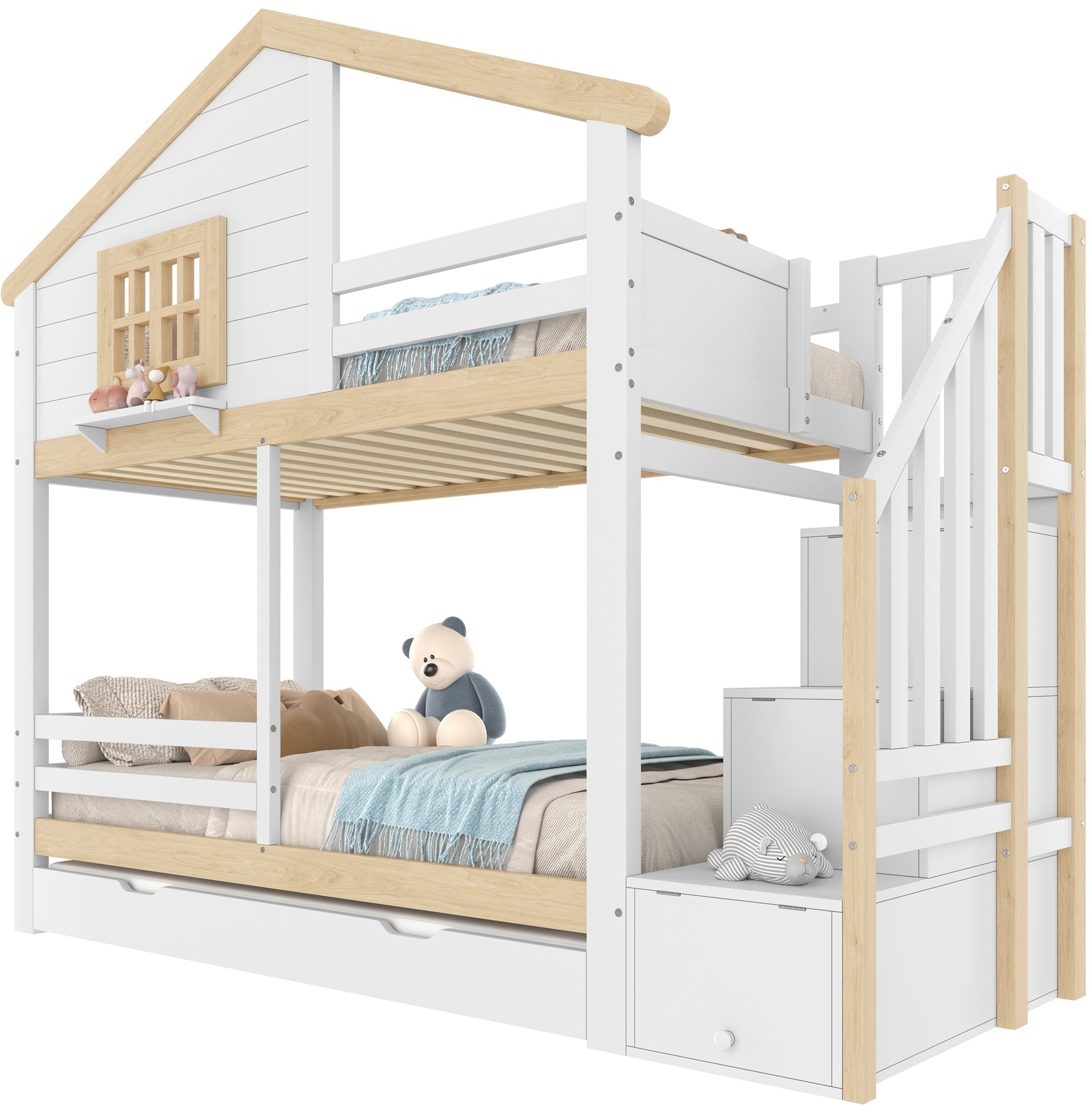Bunk Bed with Pull-out Bed, Storage Ladder and House Frame, White and Natural