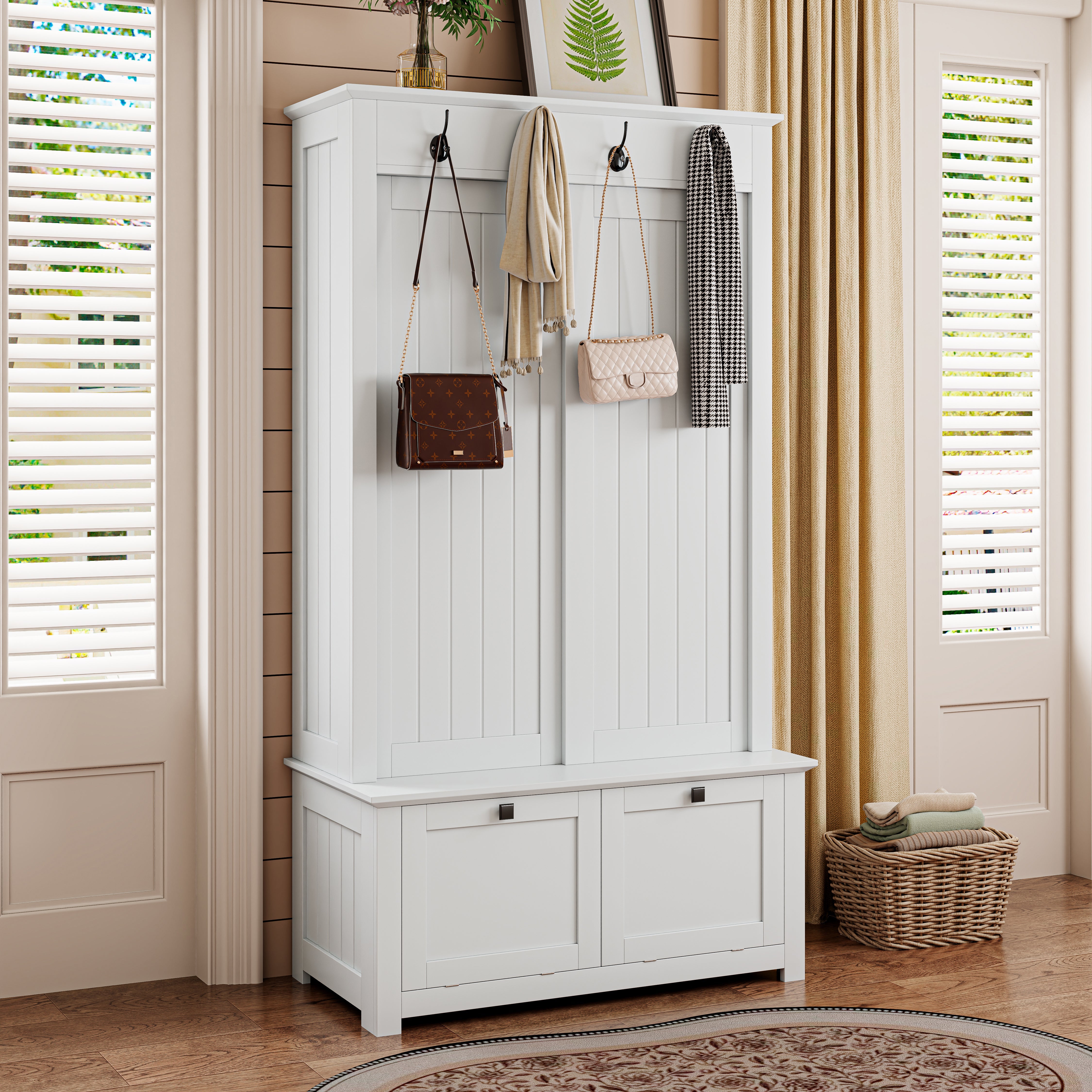 Minimalist Wardrobe Set with Shoe Cabinet, Hooks & Storage - White