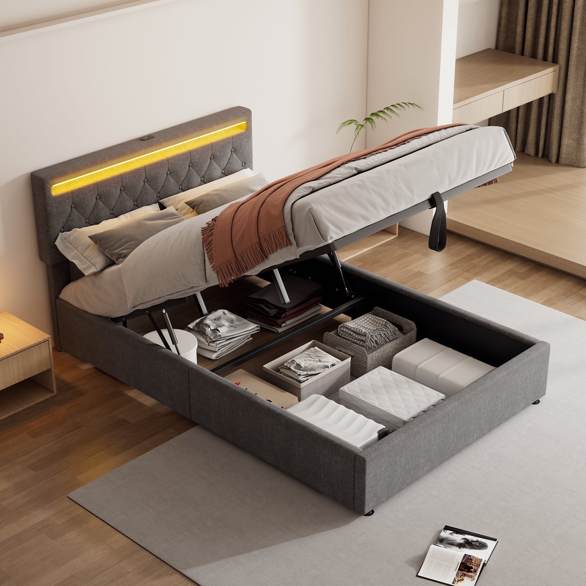 Upholstered Bed 140x200cm Hydraulic Storage Adjustable Height LED USB/Type-C - Grey