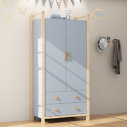 Wardrobe 2-Door with Clothes Rail and 2 Drawers, Blue Chipboard + Pine Frame