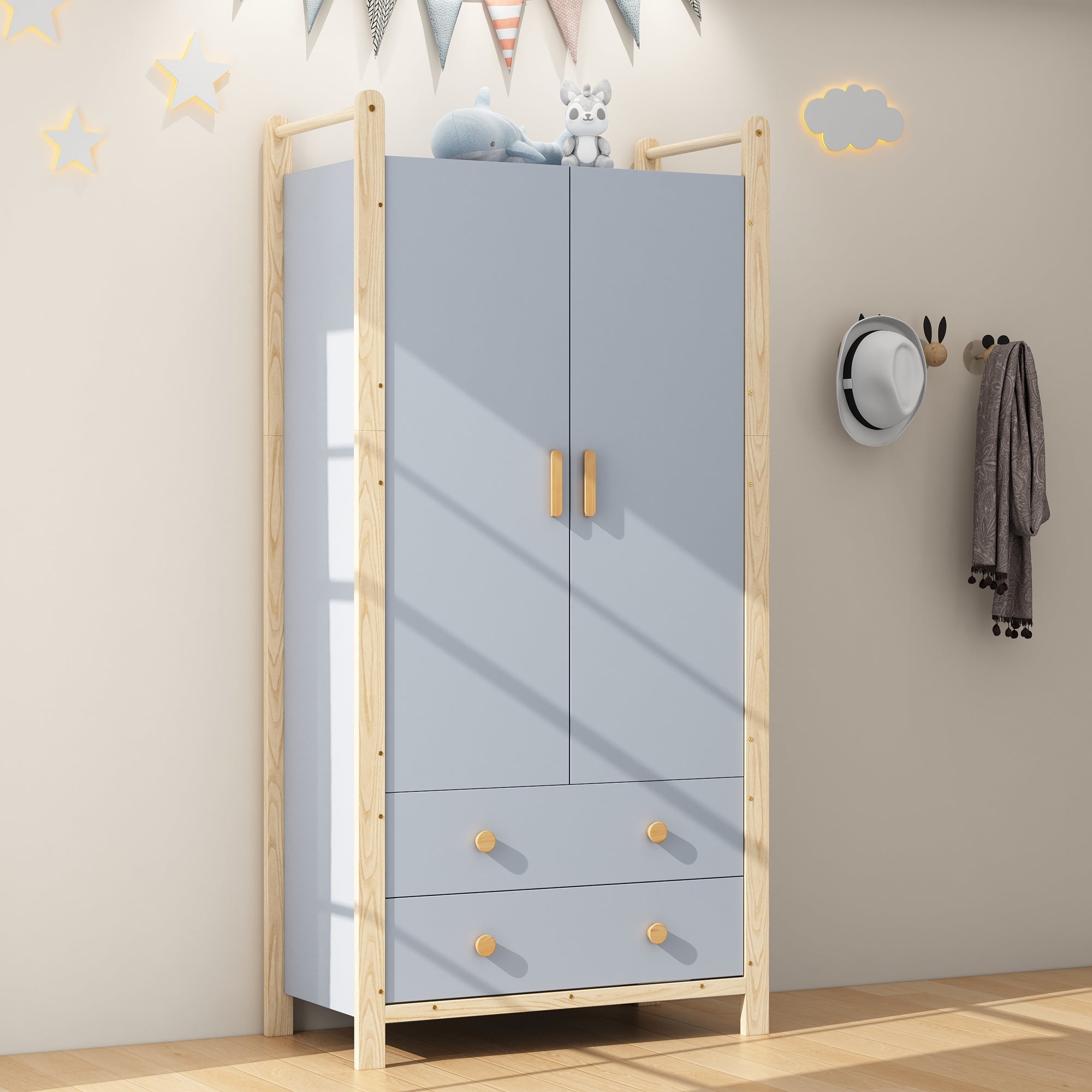 Wardrobe 2-Door with Clothes Rail and 2 Drawers, Blue Chipboard + Pine Frame