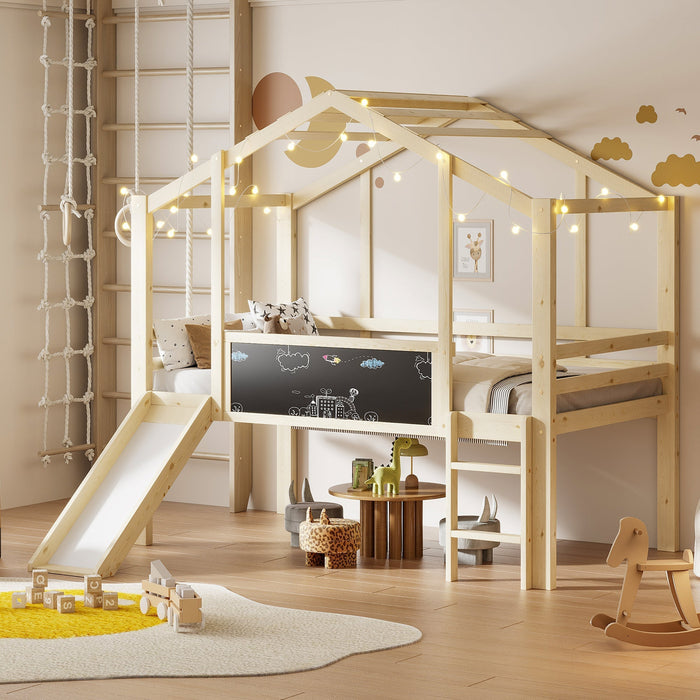 Children's Bed 90x200cm Attic Design Slide Graffiti Board Solid Wood/Wood Color