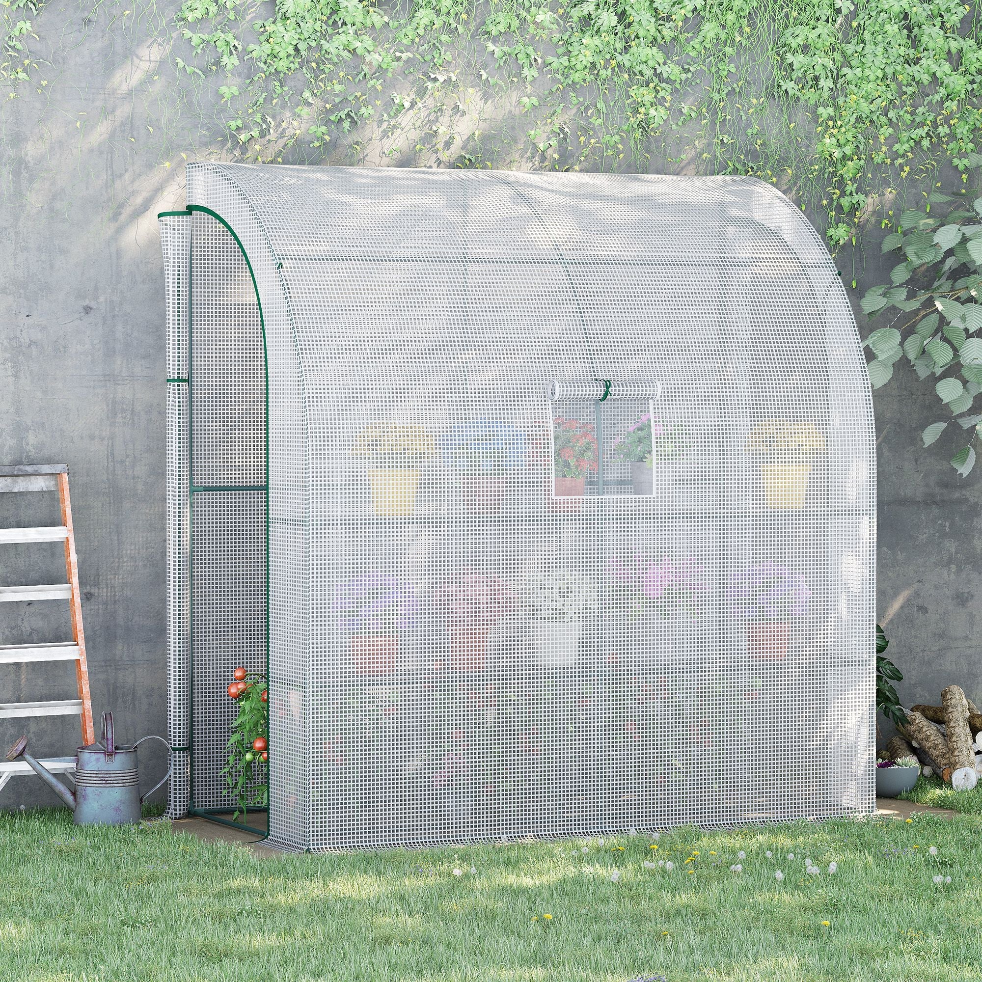 Walk-In Lean to Wall Greenhouse Windows and Doors 3 Tiers 4 Wired Shelves, White