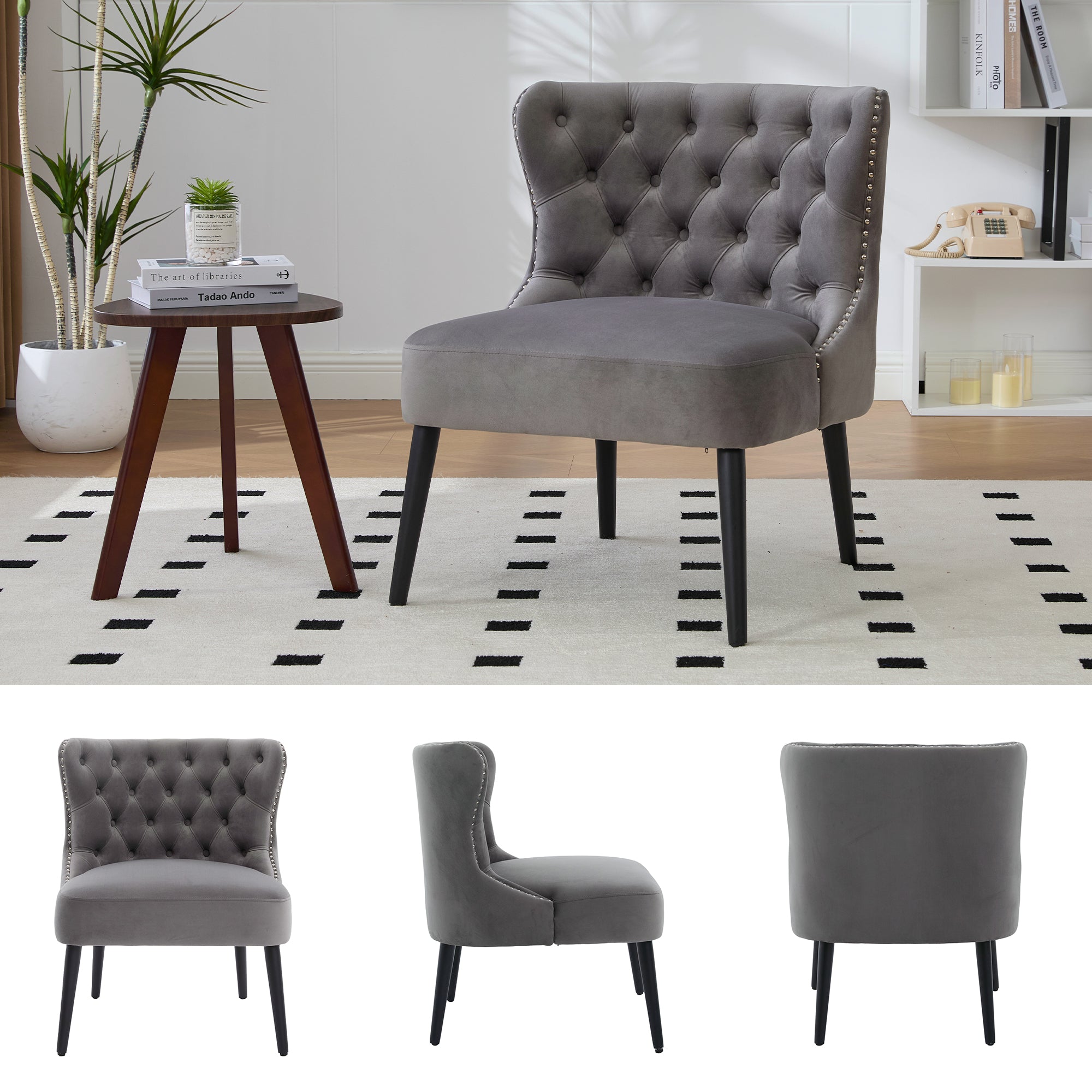 Single Sofa Chair, Armless Button-Front Studded Trim Solid Wood Legs, Velvet