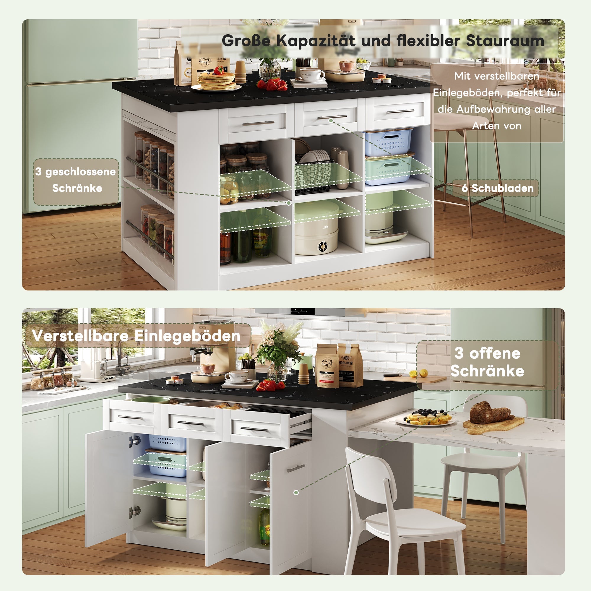 Kitchen Island Extendable Dining Table Storage Marbled Worktop White