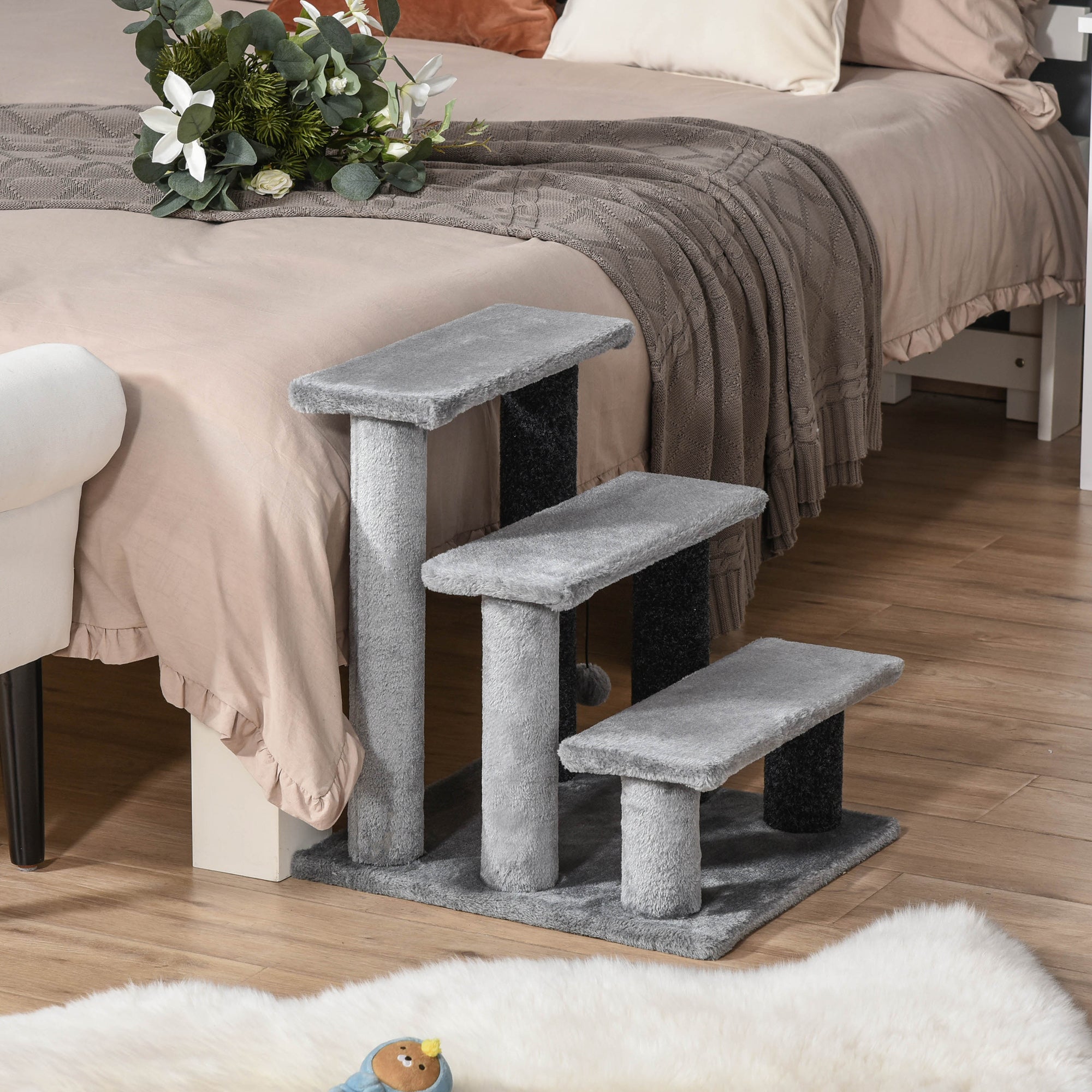 Cat Stairs 3 Steps with Play Ball, Plush Grey