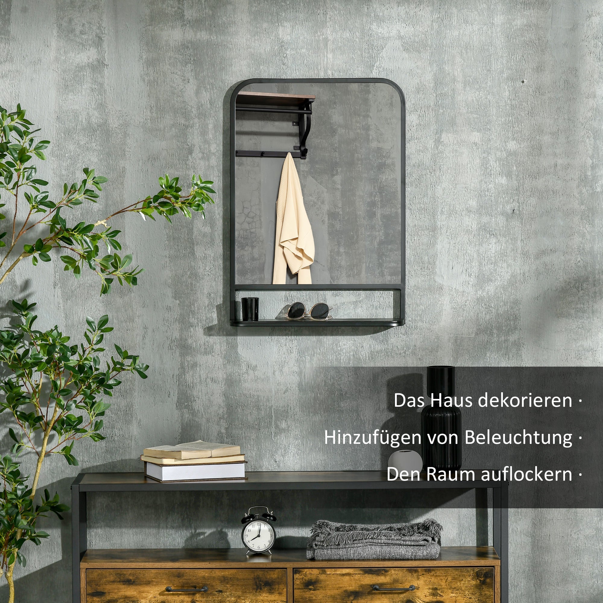 Wall Mirror with Shelf 70x50cm Modern Rectangular, Black