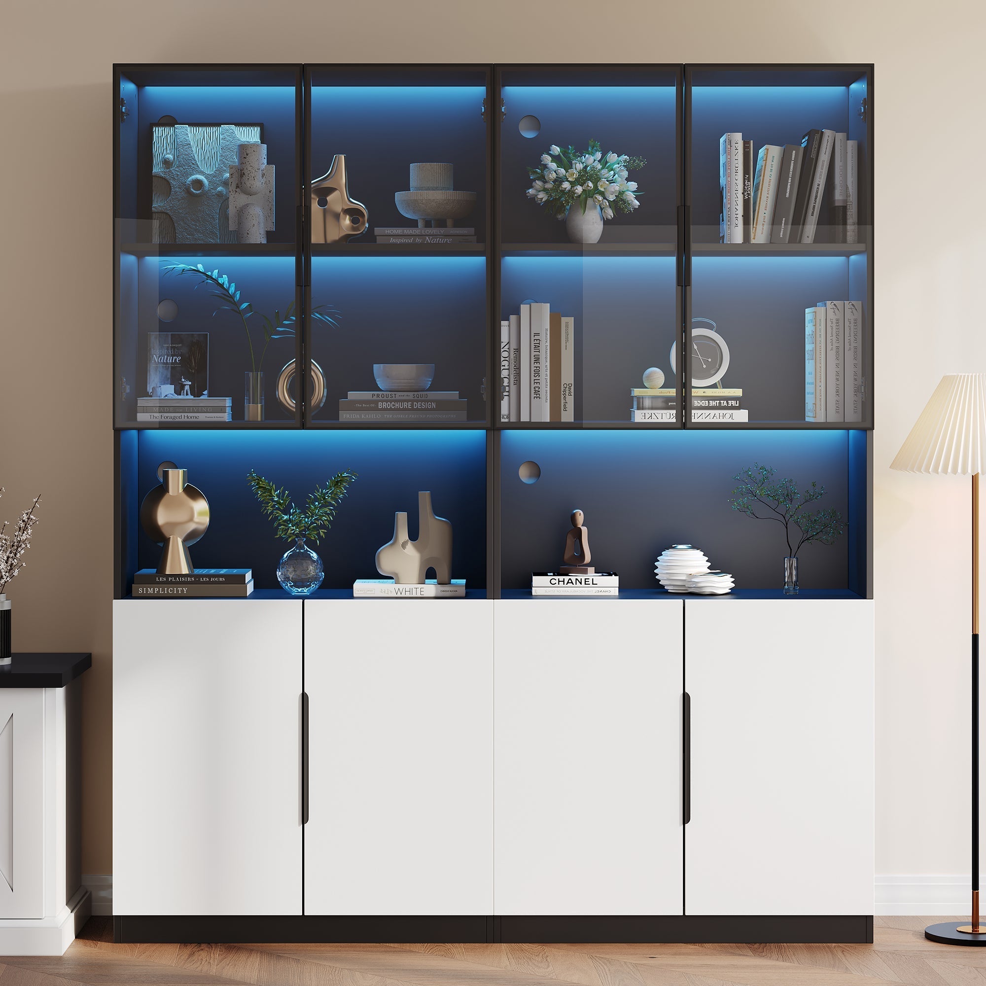 Display Cabinet Modern Minimalist Glass Doors LED Lights Adjustable - White/Black