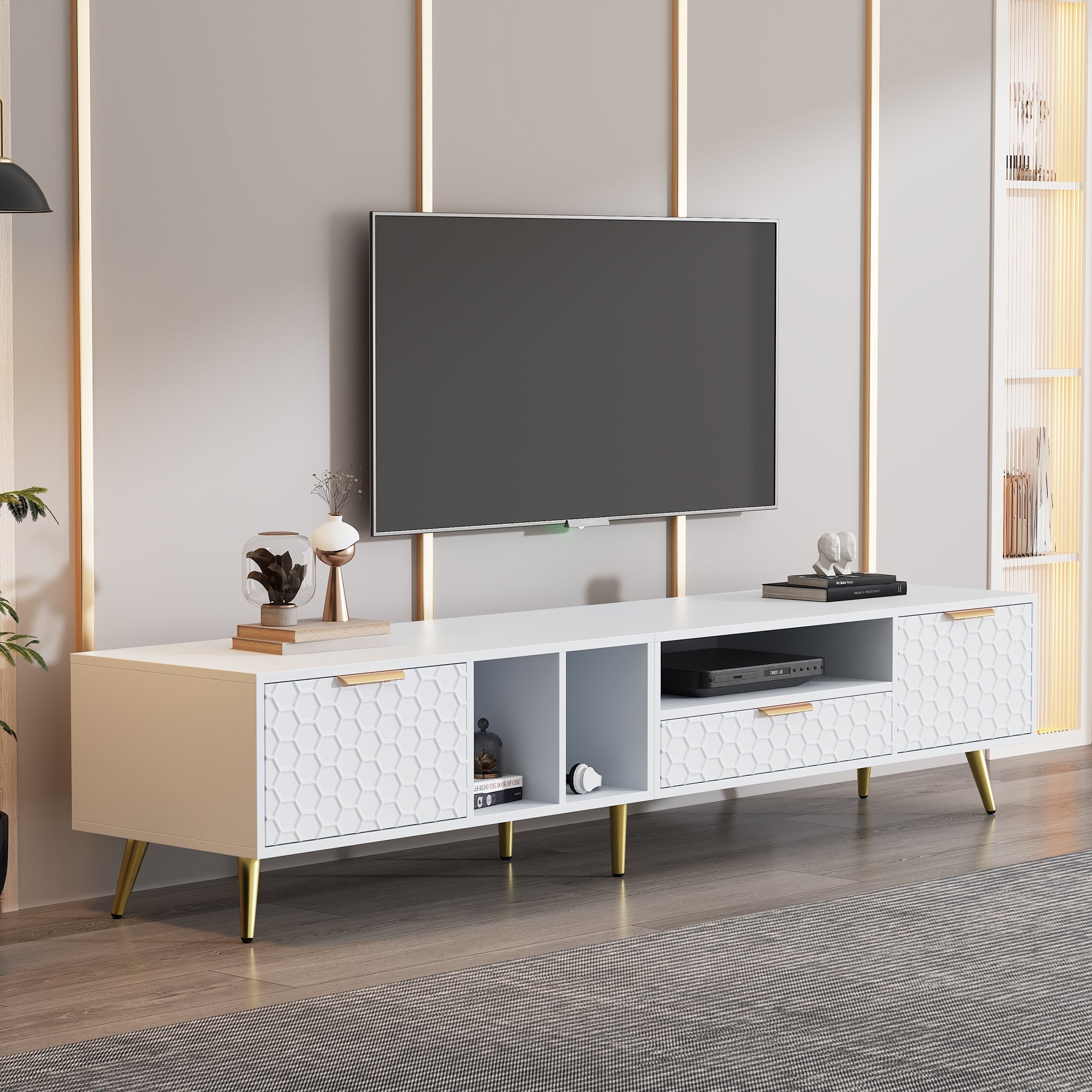 TV Stand, Vertical Honeycomb Pattern, 80-Inch TV, White