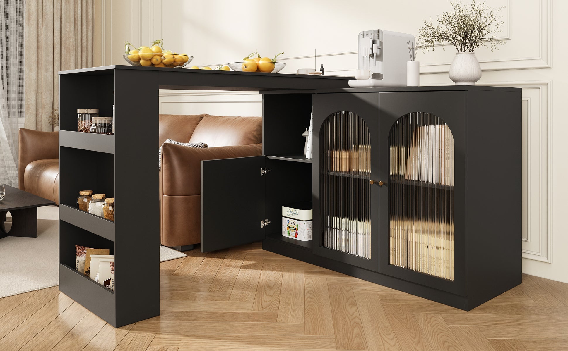 360° Rotating Bar Table, Multifunctional Dining & Bar Cabinet, Glass Door Storage, Black