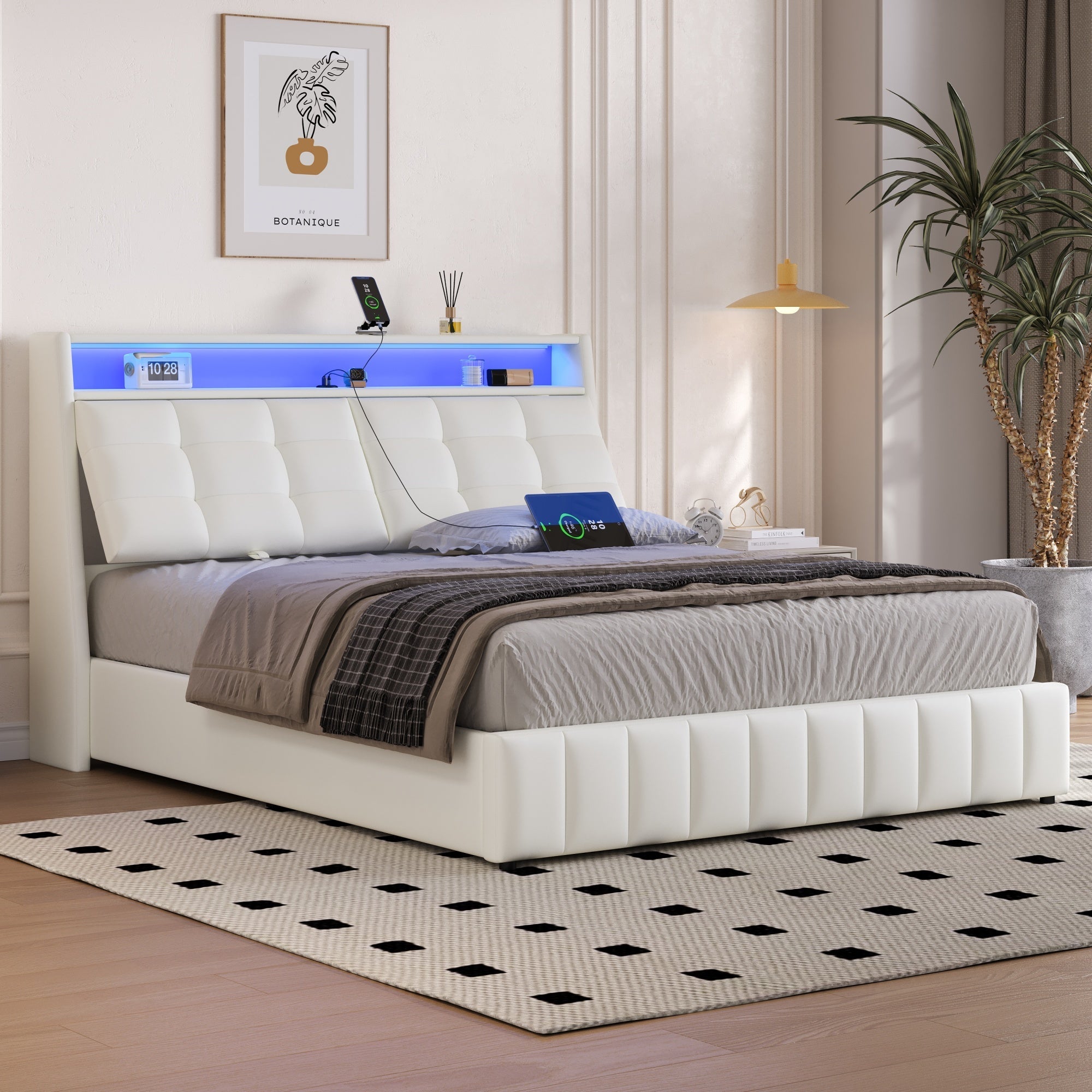 Upholstered Platform Bed 160x200 LED USB Storage Adjustable Headboard - White