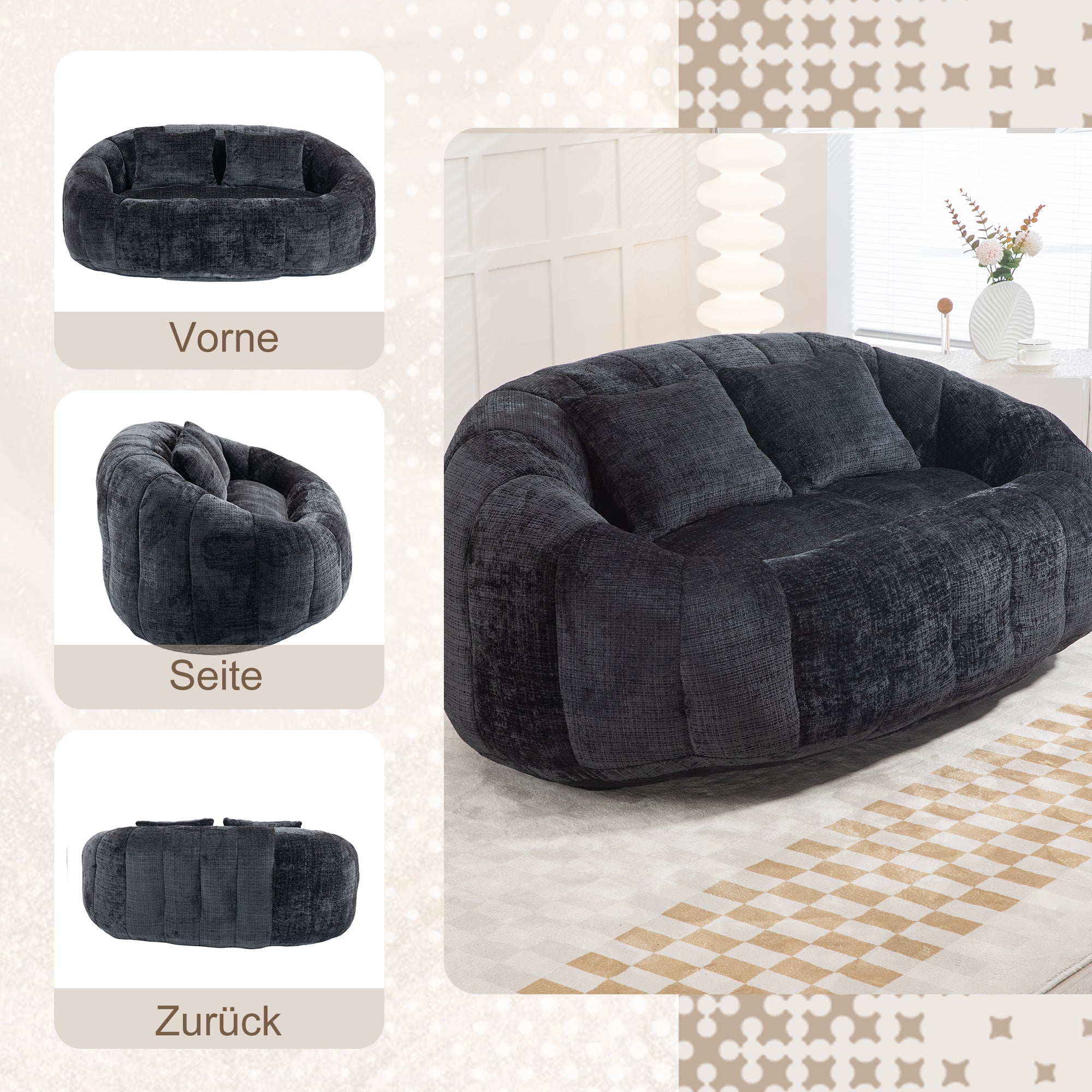 Bean Bag Sofa Lounger High Back Accent Chair Indoor/Outdoor, Black Chenille