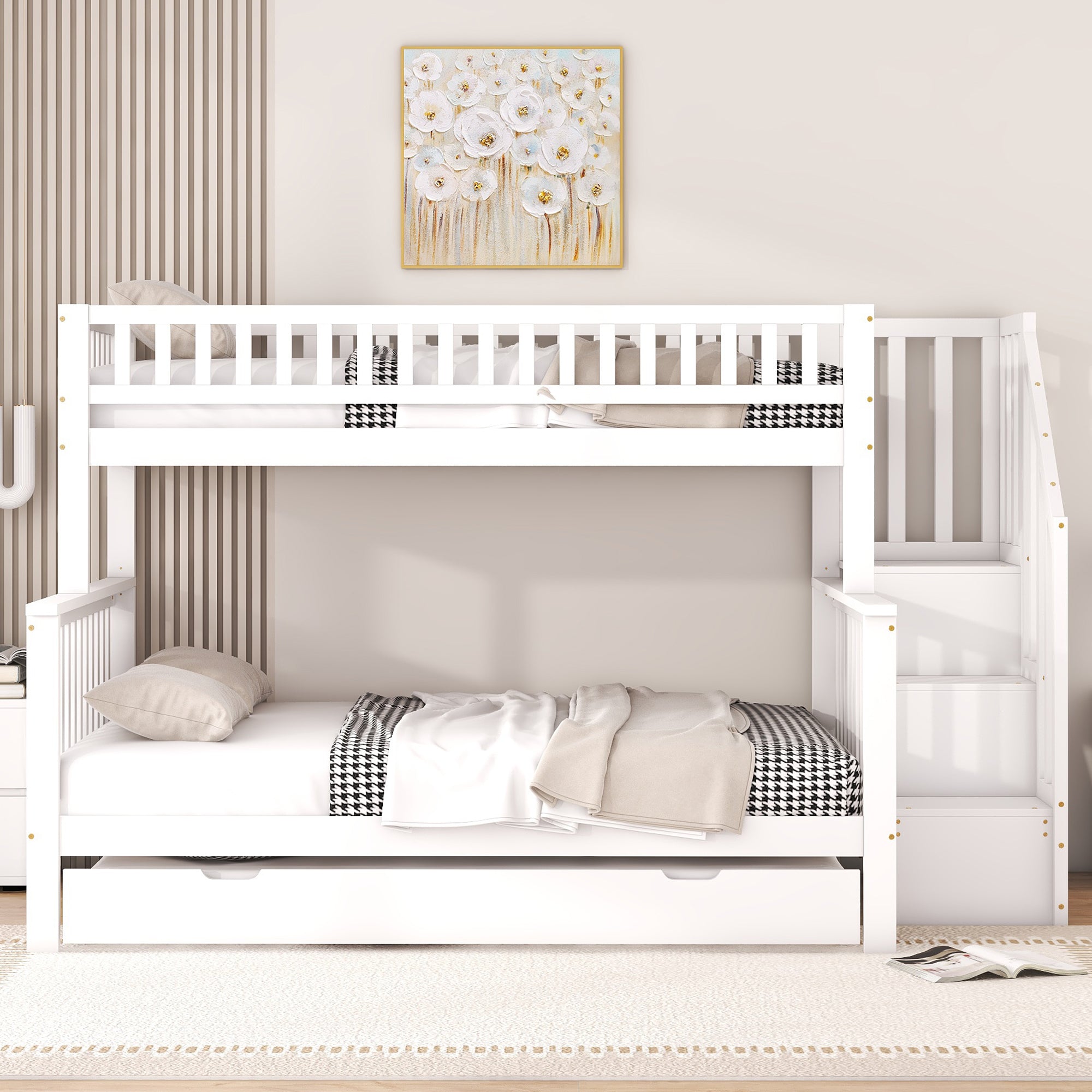 Bunk Bed with Rolling Container, Slatted Base and Storage Stairs, White Pine Wood