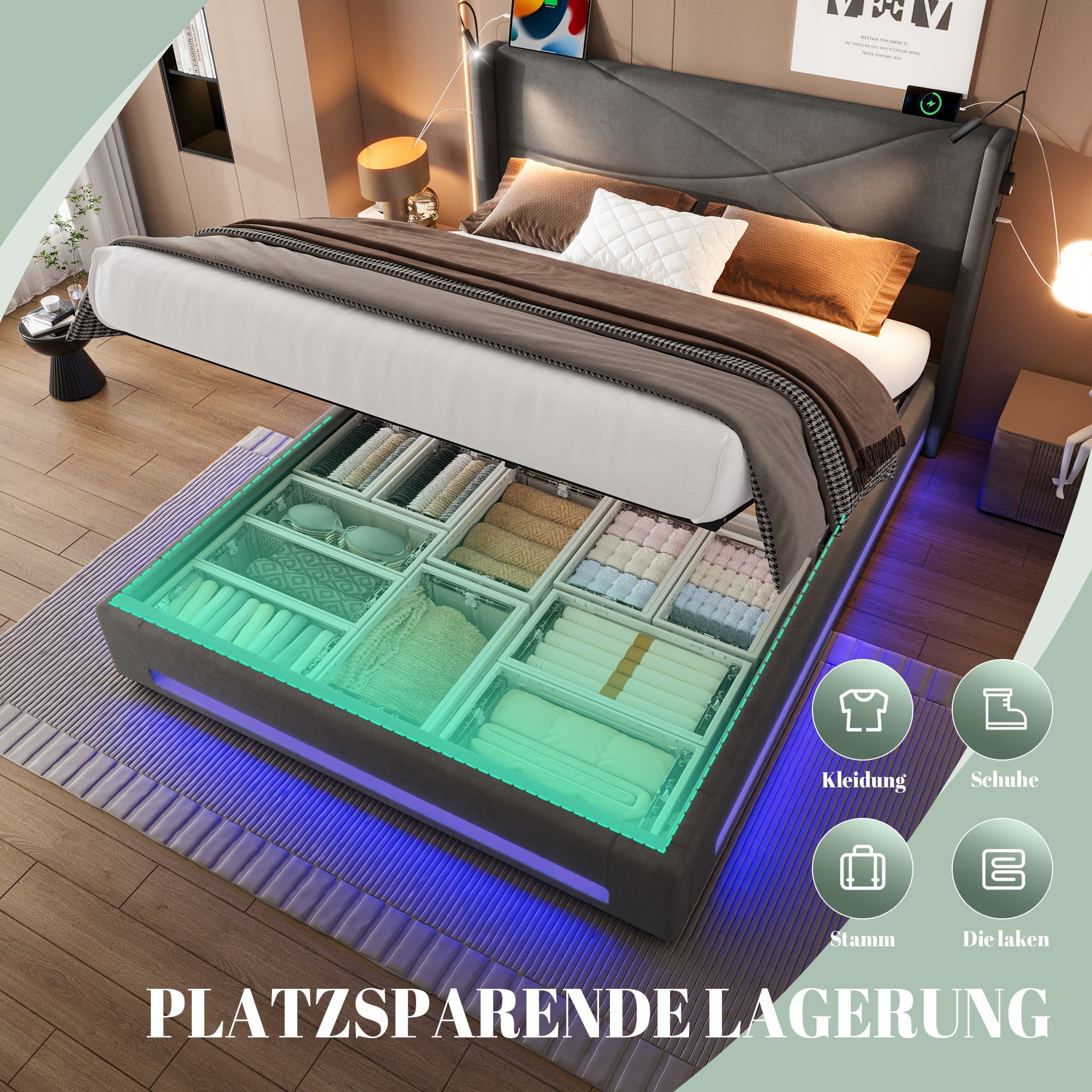 Bed Frame, Modern Design 160x200cm, Hydraulic Storage, LED Lights, USB Ports
