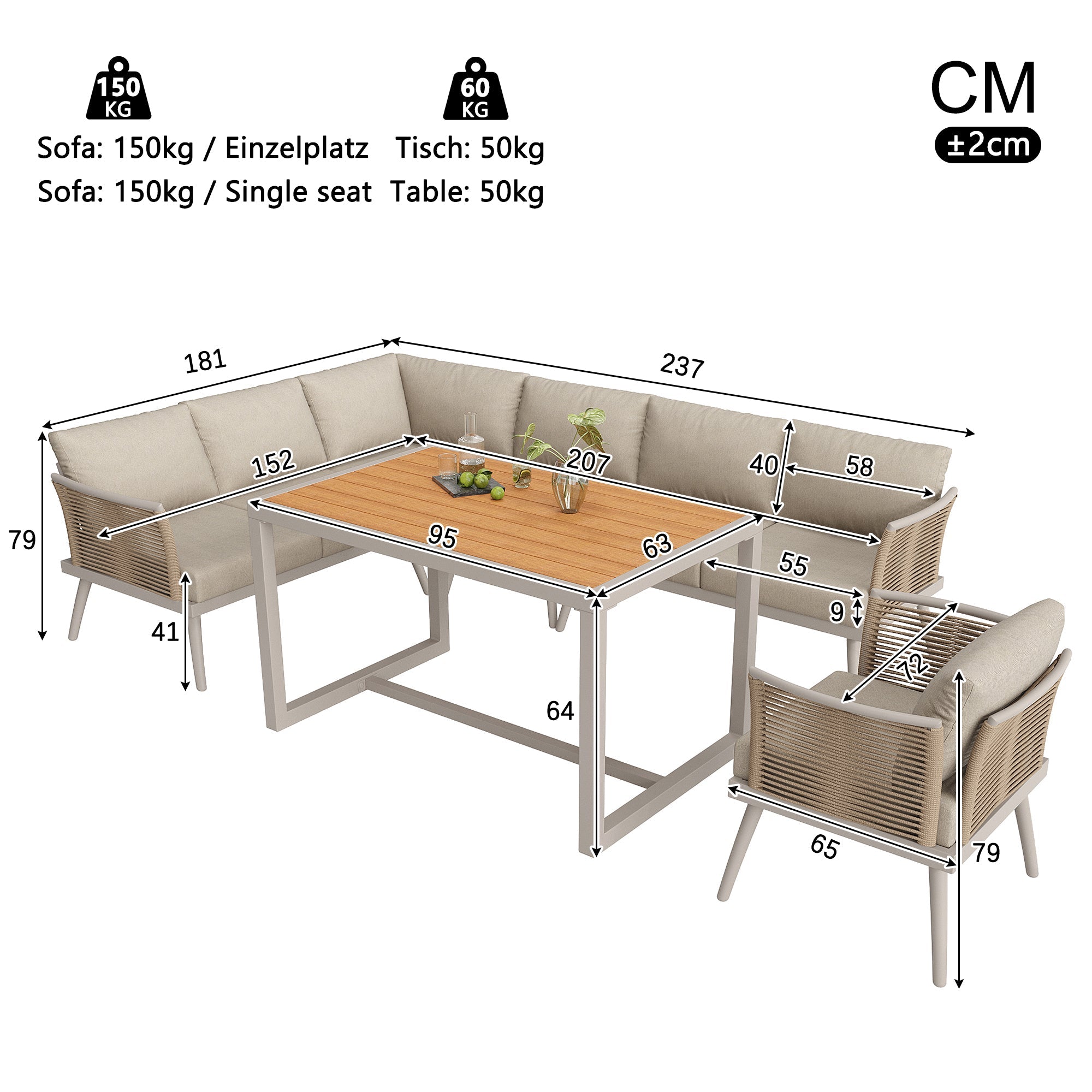 L-Shaped Garden Sofa Set with Coffee Table and Armchair, Seven-Seater Weatherproof Iron, Grey and Beige