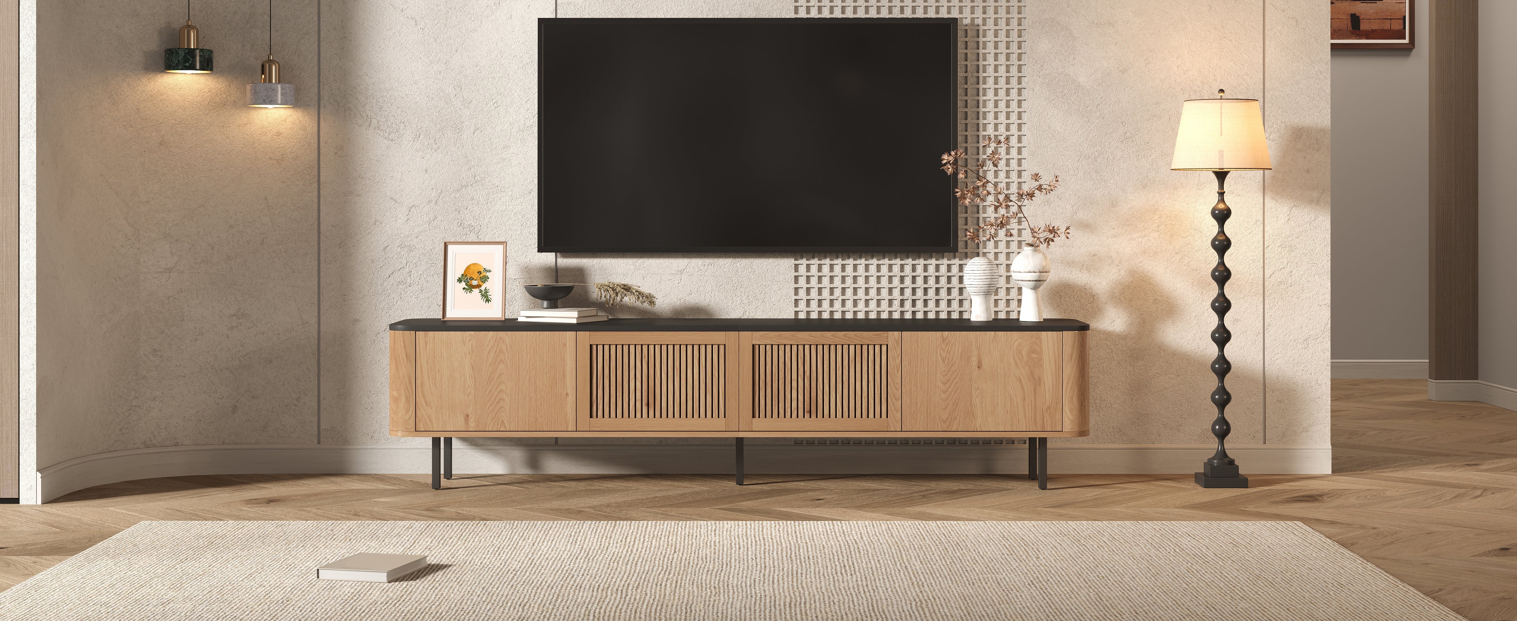 Modern TV Cabinet with Mesh Doors and Storage Compartments, Black and Oak finish