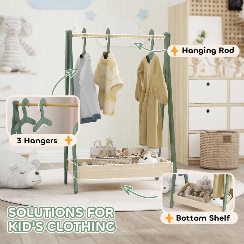 Kids Clothes Rail, 3 Hangers Bottom Storage Shelf, Green