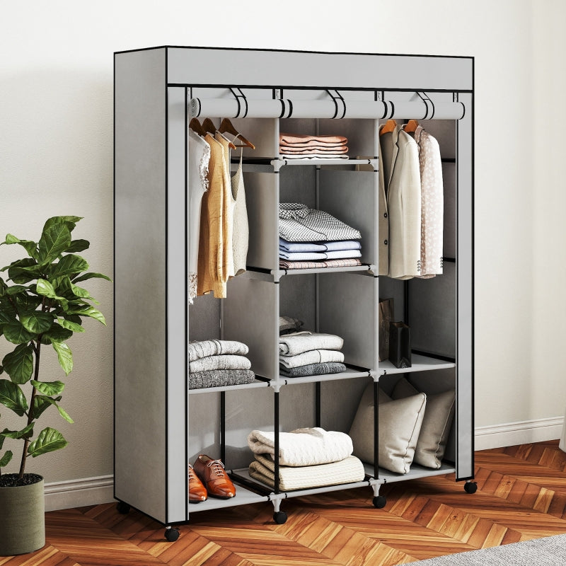 Fabric Wardrobe 8 Shelves 2 Clothes Rails - Grey