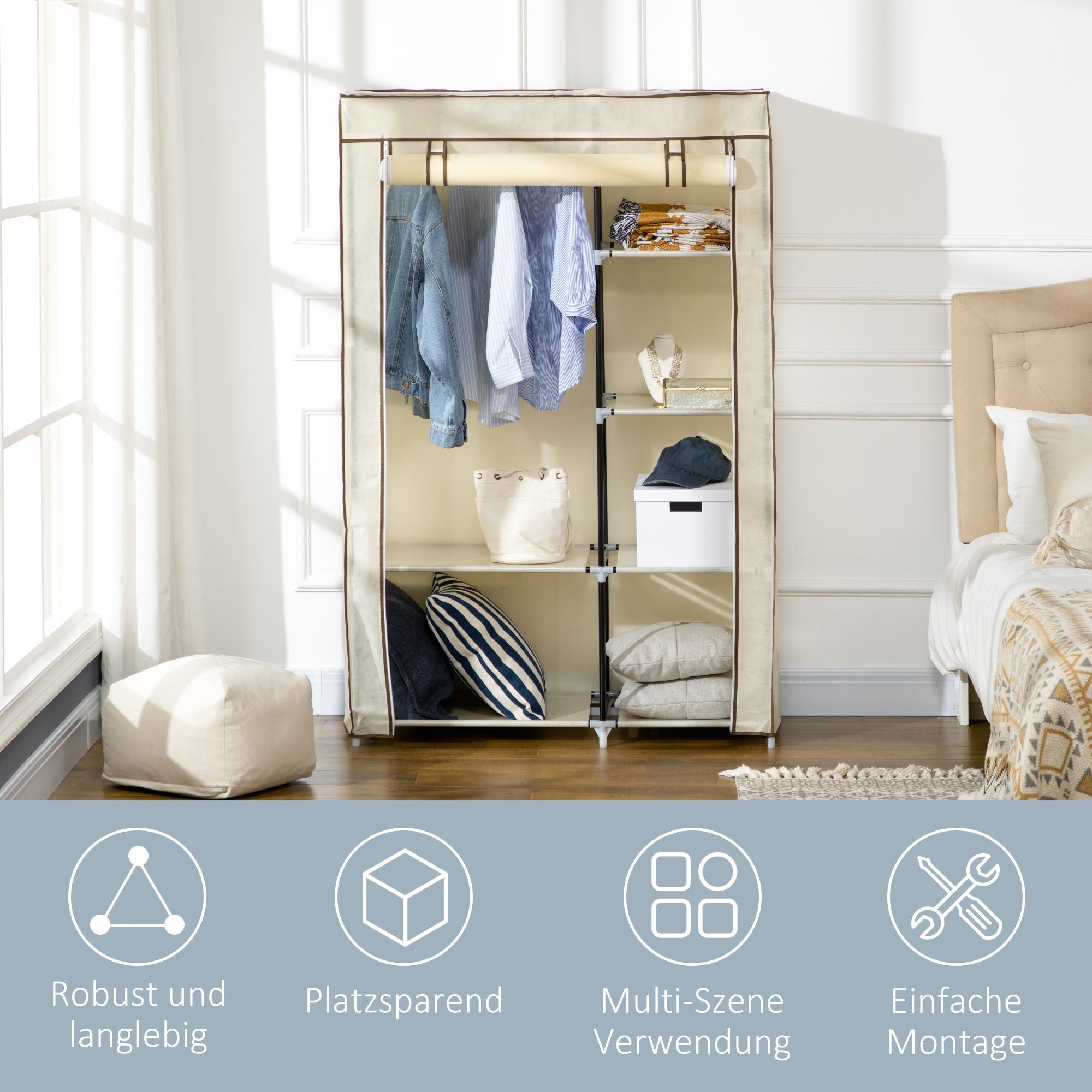 Kleiderschrank faltbar, 2 Kleiderstangen & 6 Fächer, Stoff Creme