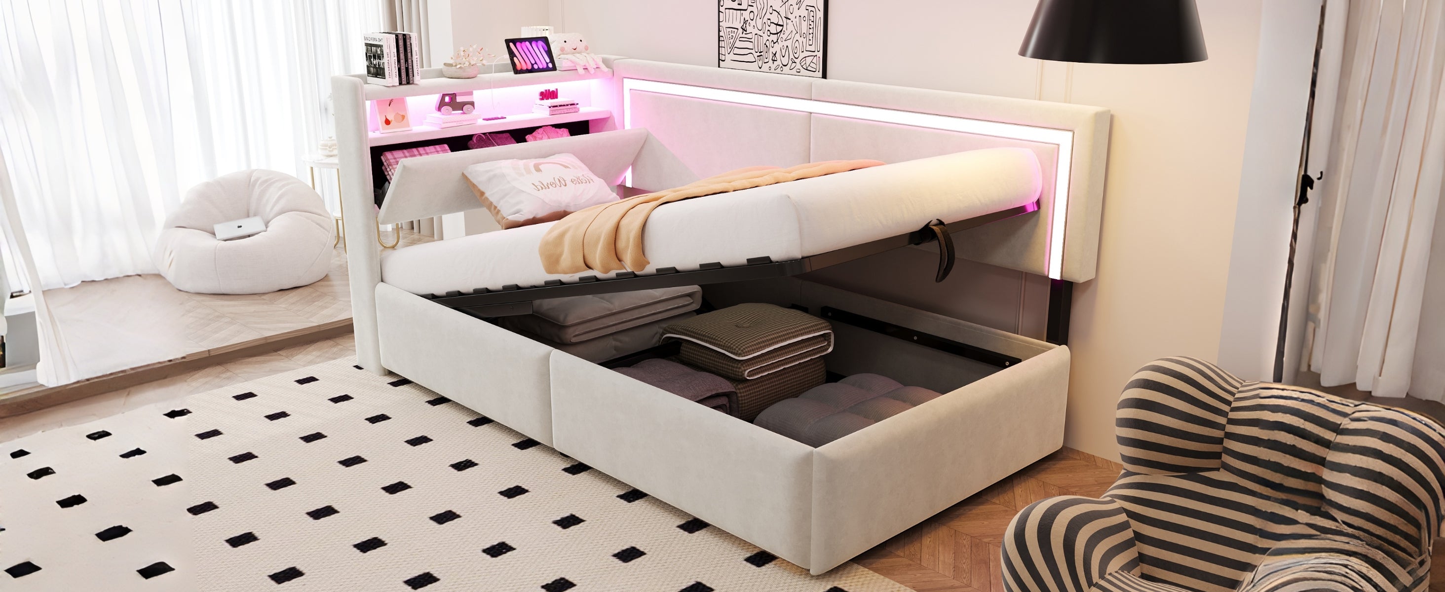 Upholstered Sofa Bed 90x200 cm with LED Lighting, USB Ports and Hydraulic Storage, Beige Velvet