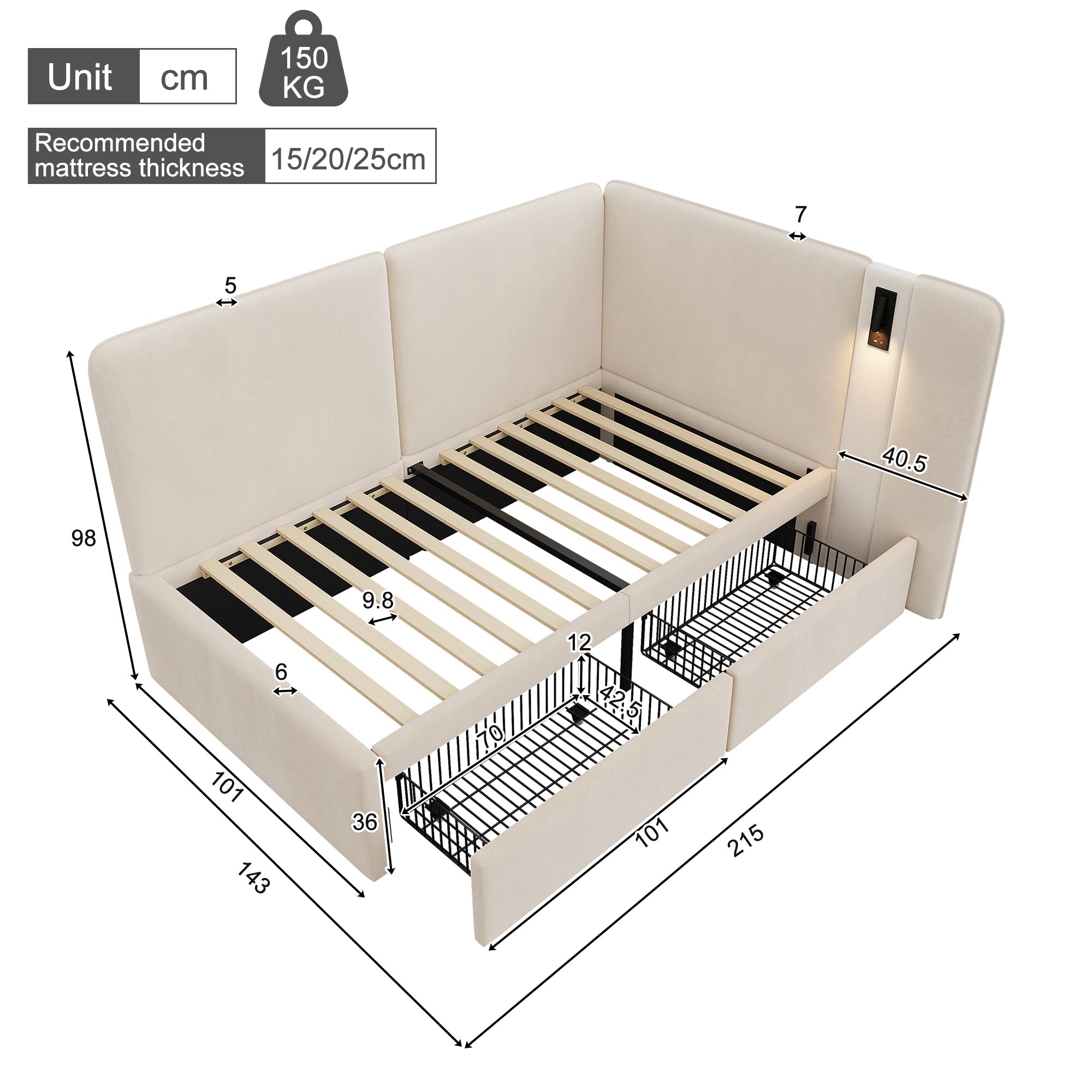 Upholstered Daybed with 2 Drawers, USB Charging Port and Reading Lamp, 90x200cm, Beige Velvet