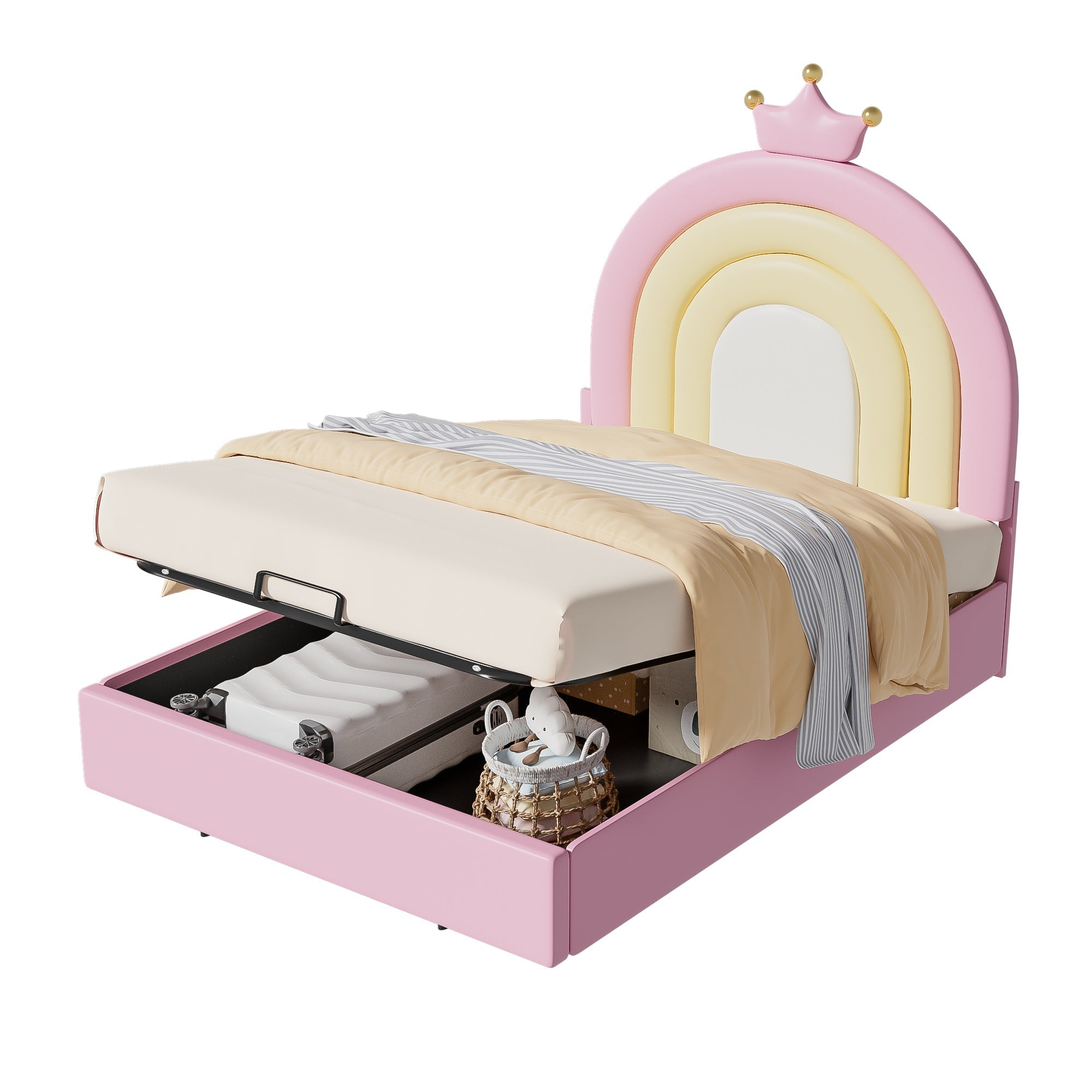 Upholstered Bed 90x200cm Hydraulic Adjustable Headboard - PU Pink