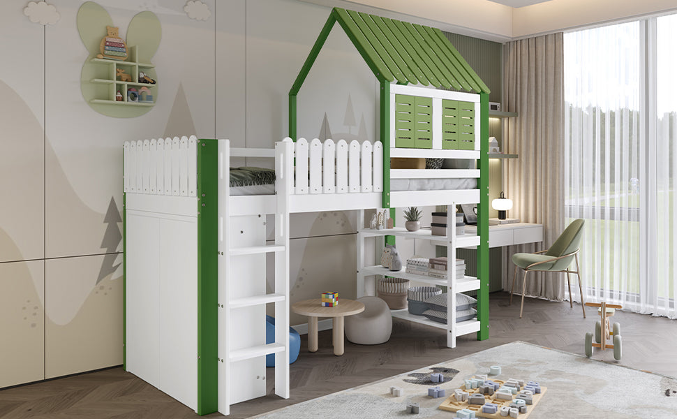Loft Bed, Children's with Wardrobe & Ladder, Pine+MDF+Plywood, White+Green