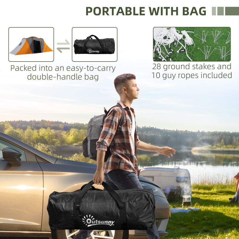 Large Camping Tent Tunnel Tent, 2 Bedroom Living Area, 4-6 Man, Waterproof, Orange