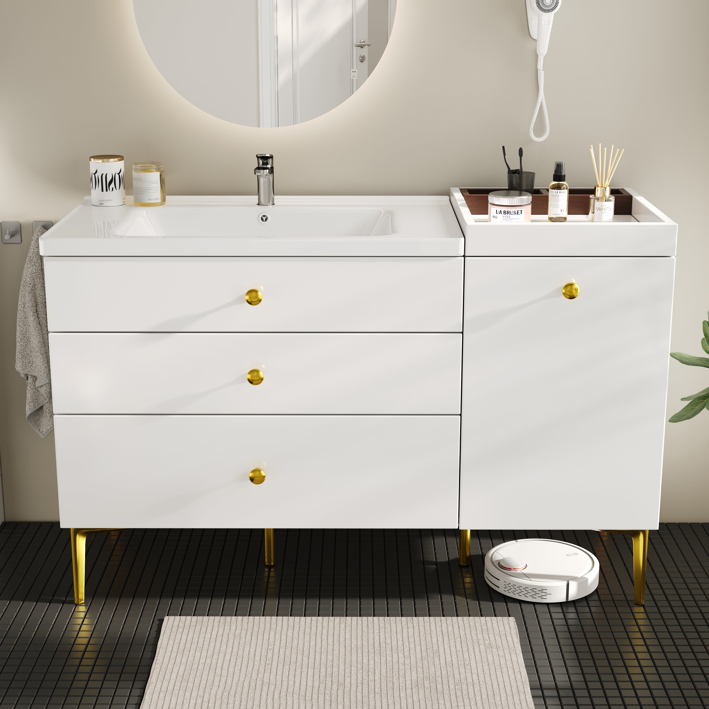 Bathroom Vanity Unit with Ceramic Sink and Storage Drawers, White and Gold
