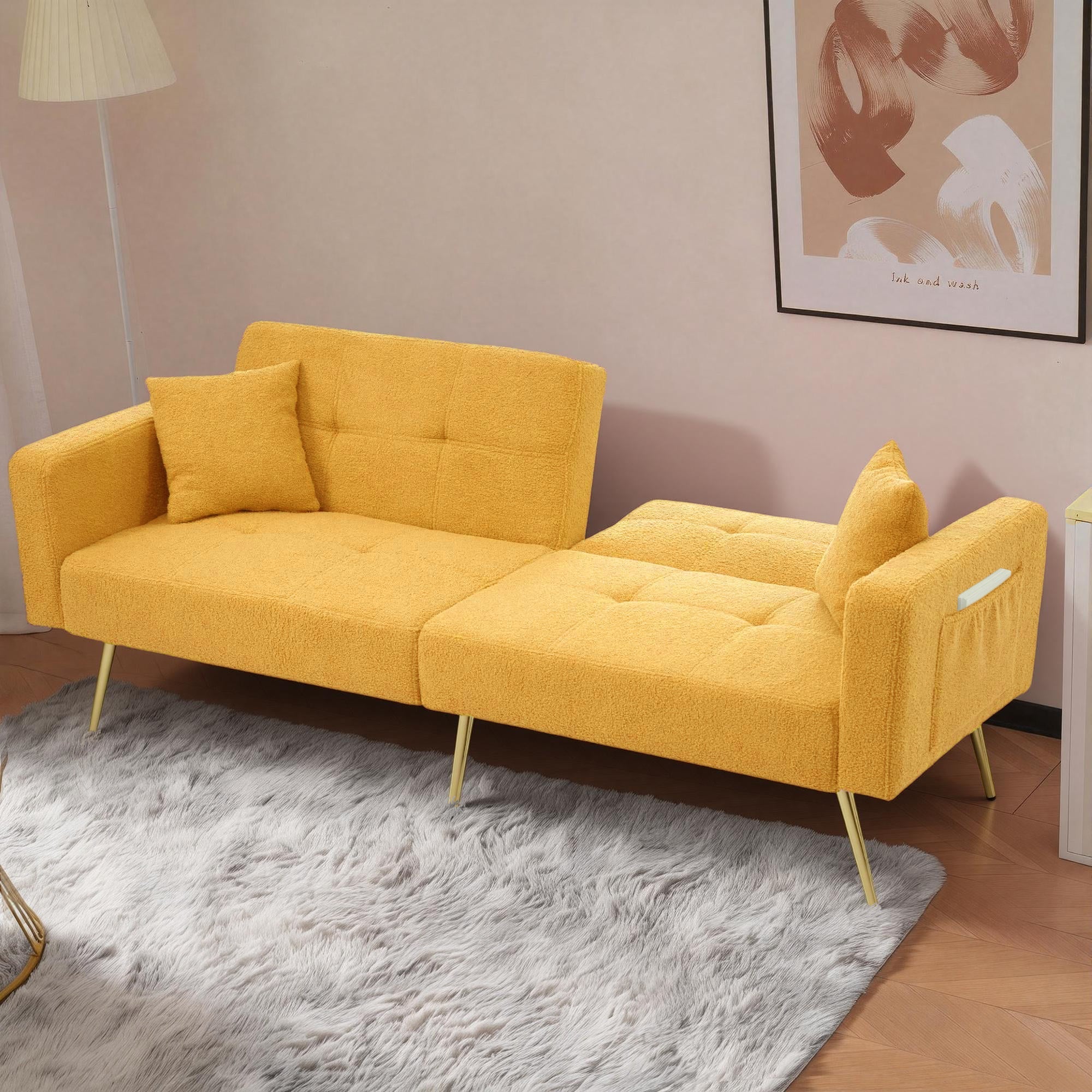 Sofa Bed Adjustable Angle Storage Side Pockets Gold Legs