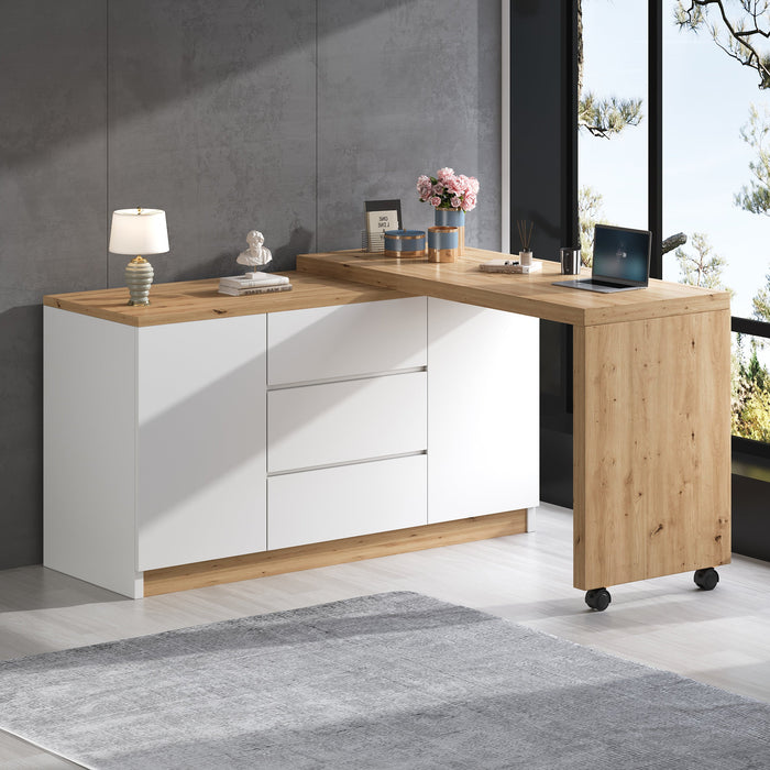 Desk, Multifunctional Rotating Tabletop, Foldable, Corner, White/Oak