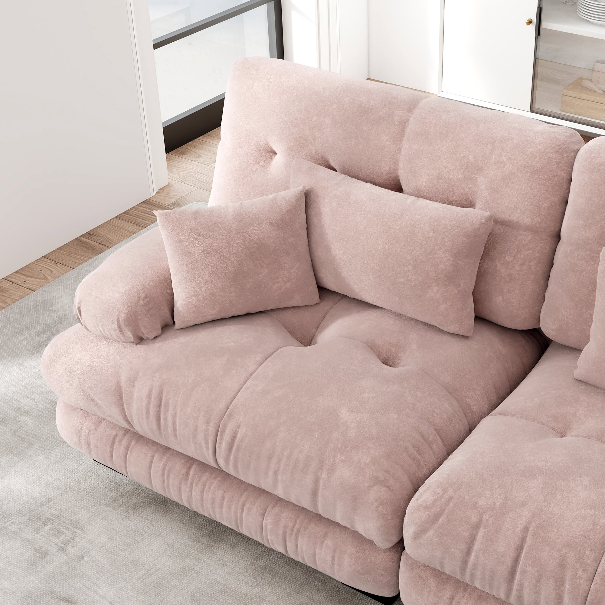 Modular Corner Sofa, L-shaped 4-Seater with Movable Ottoman, Chenille Pink