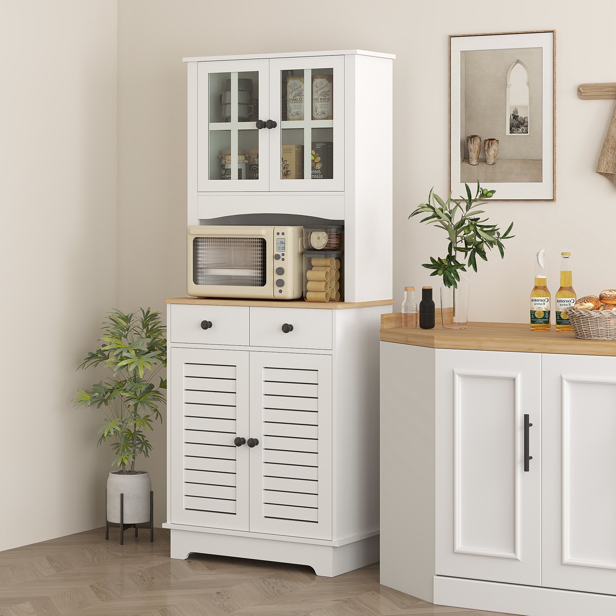 Kitchen Cabinet Glass Doors 2 Drawers - Wood White
