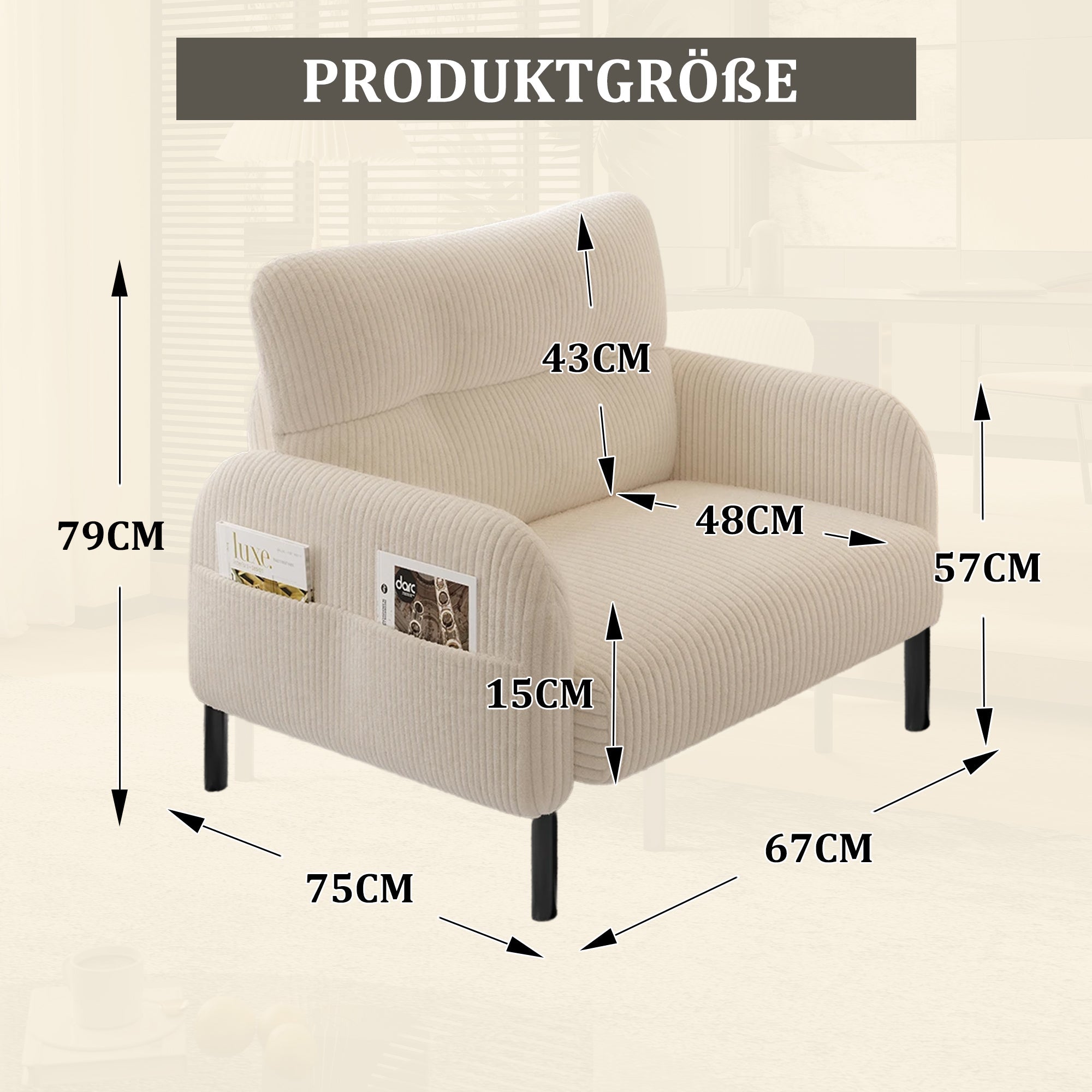 Sofa/Chair Comfortable Seat Depth, Armrests with Side Pockets, Solid Structure, Velvet Fabric