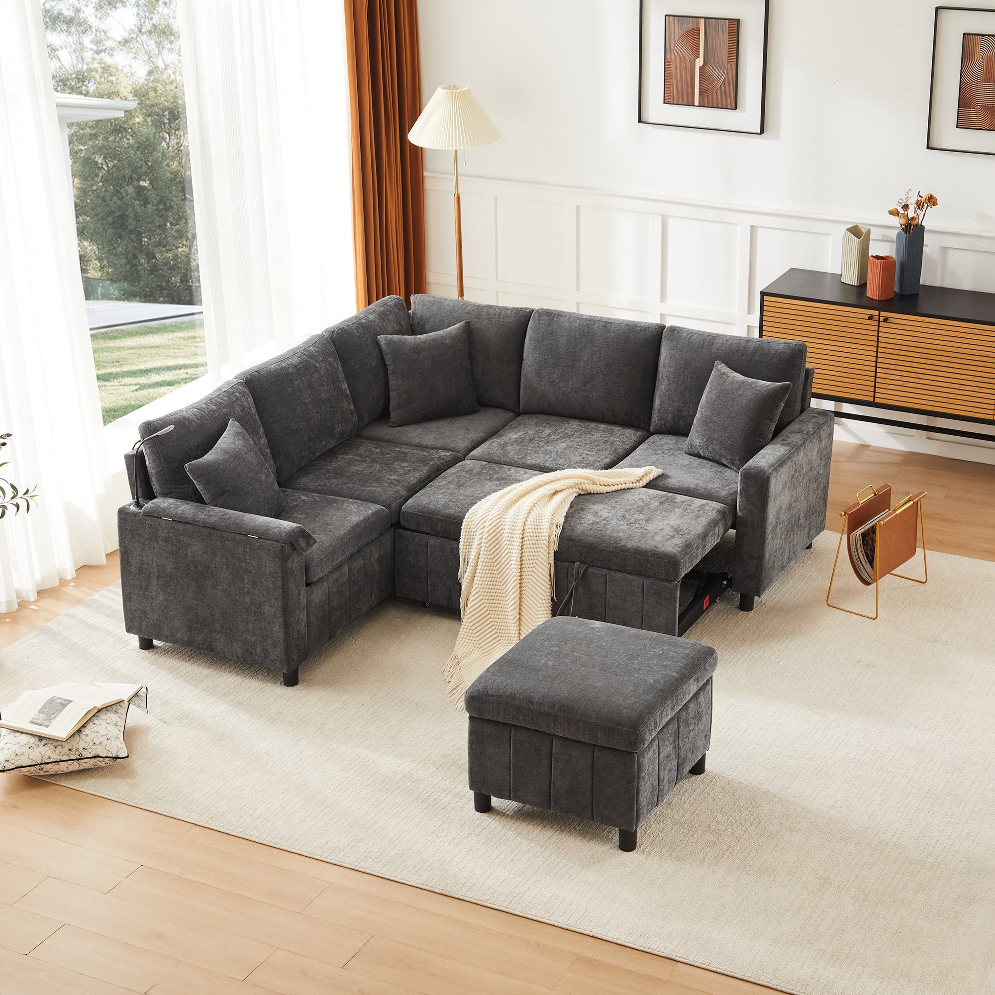 Chenille Corner Sofa Bed with Ottoman, USB Charging and Hidden Table, Grey