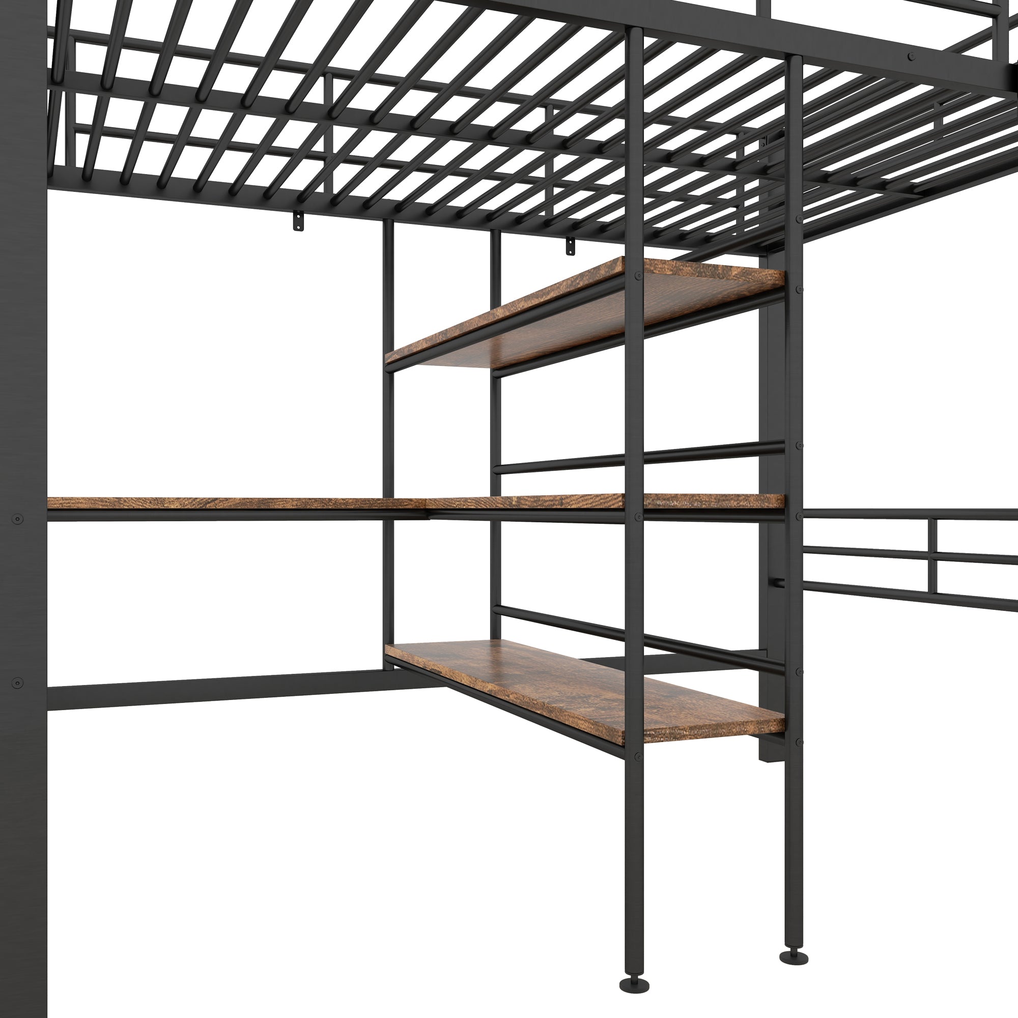 Loft Bed 90x200cm Iron Frame with Desk Multiple Shelves Black