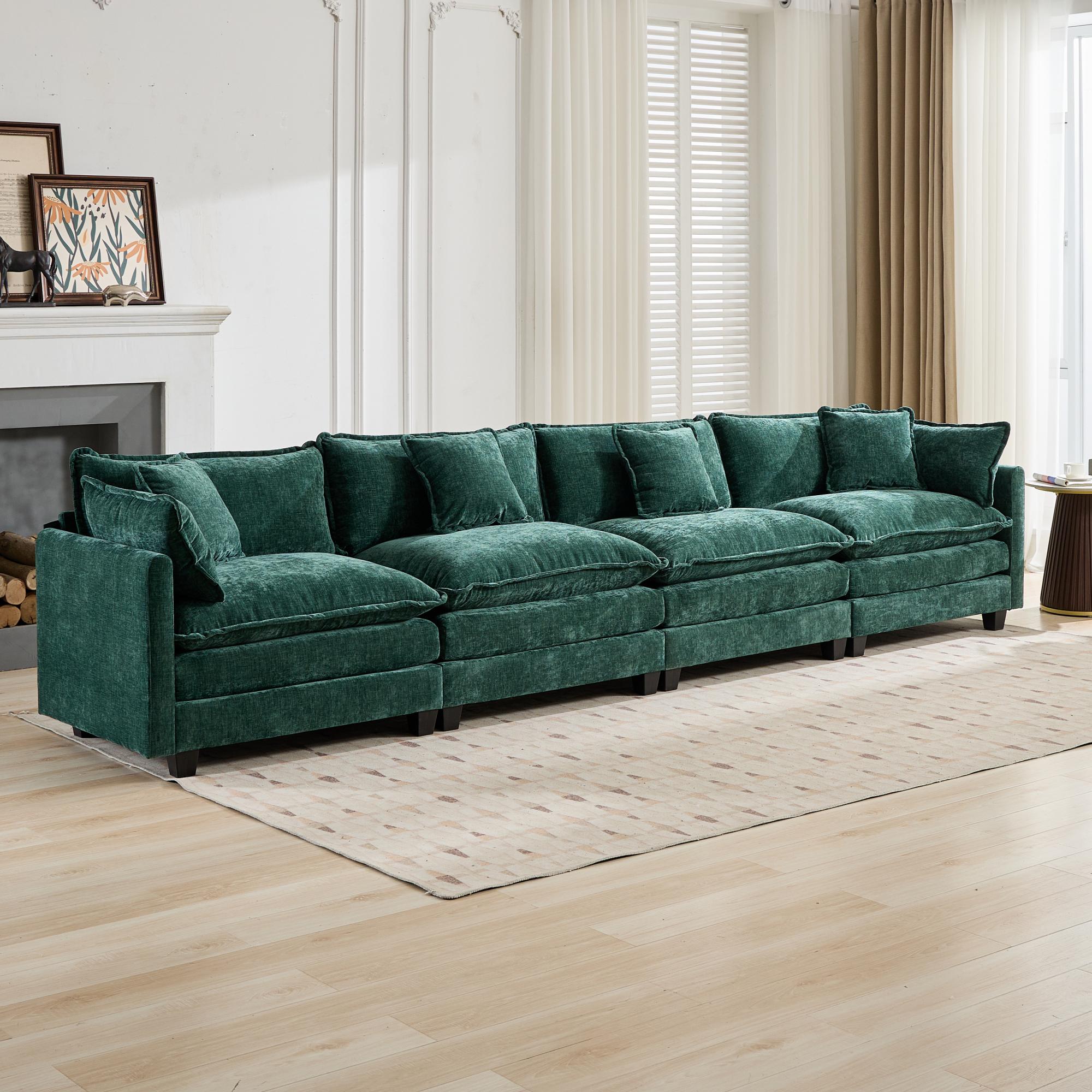 Cloud Sofa 4 Seats, Modern Modular Sectional Couch with Double Layer Upholstered Cushions, Green Chenille Fabric
