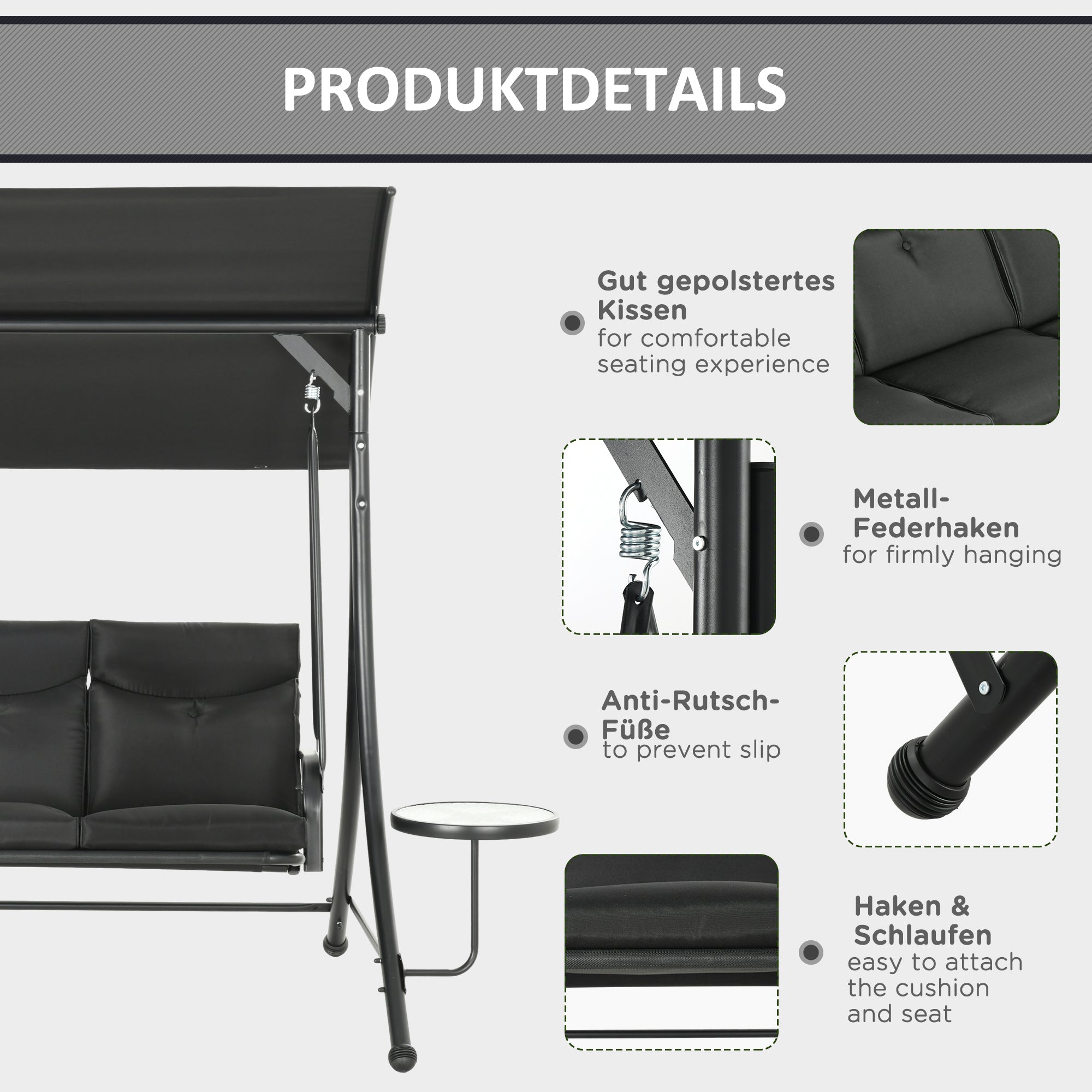 Hollywood Swing 3-Seater with Coffee Tables Adjustable Sunshade 300kg Capacity, Black
