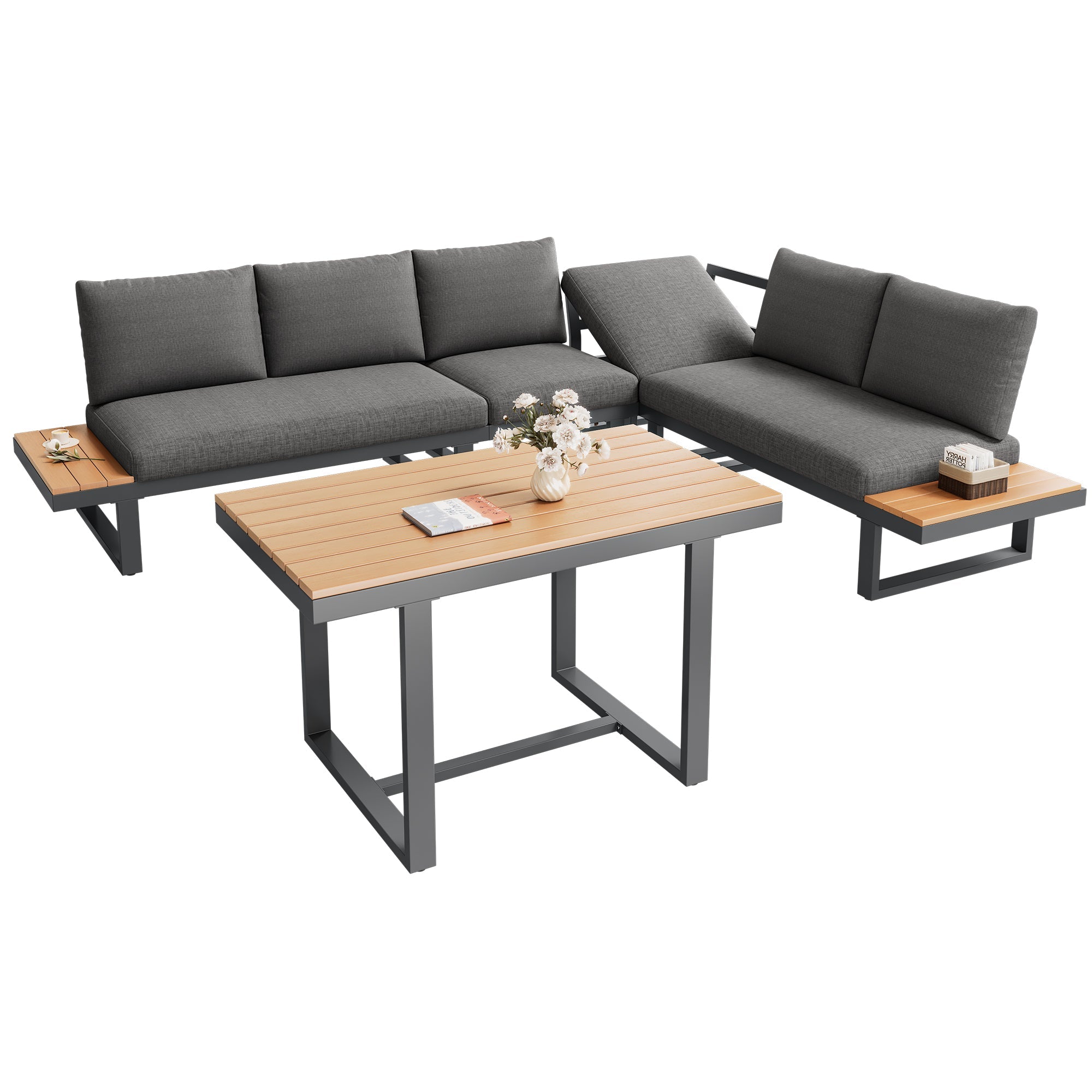 Garden Dining Set with Adjustable Tilt Function and Corner Configuration, Grey and Black
