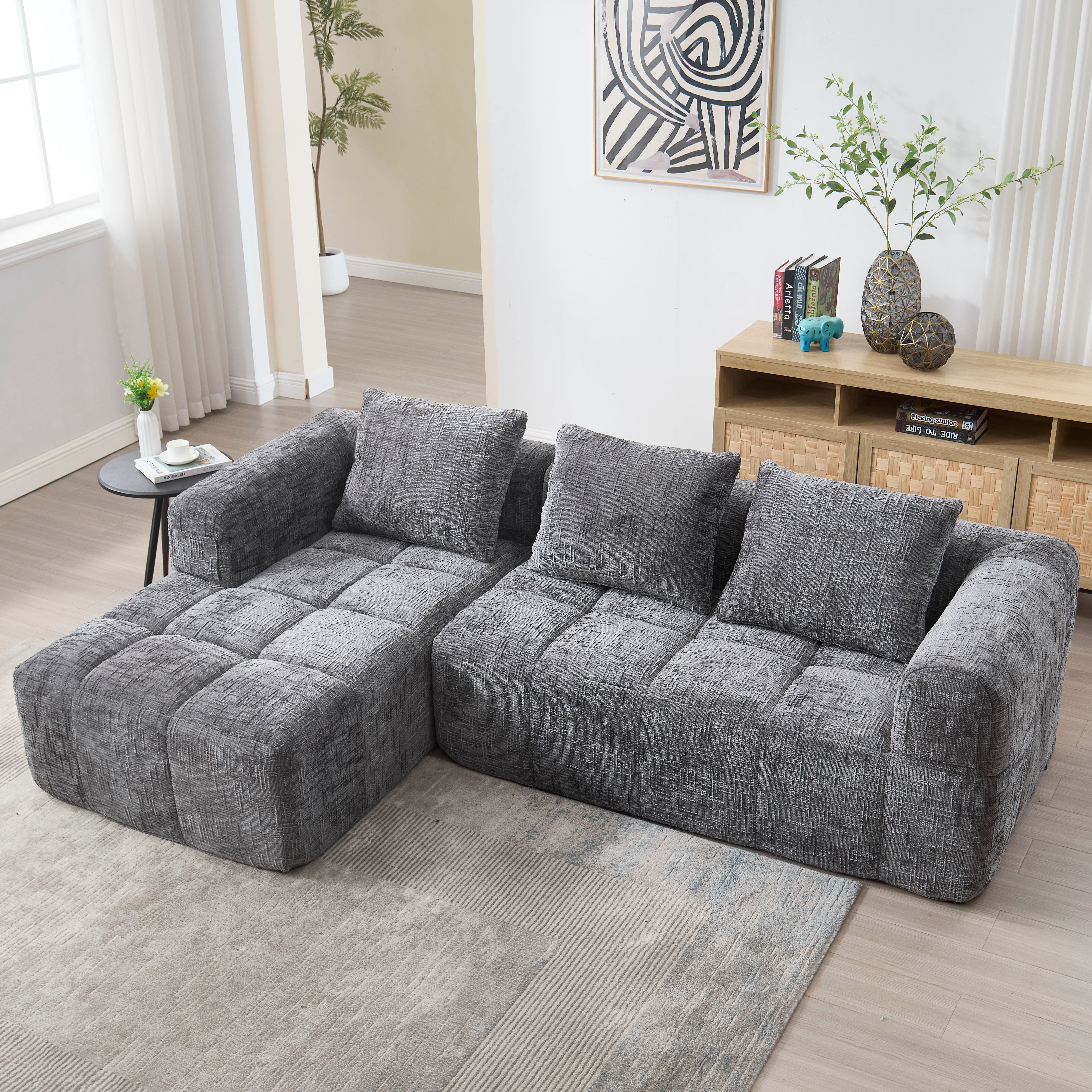 Modern Sectional Sofa L-Shaped 3-Seater Chaise Longue Storage Pocket Chenille Grey