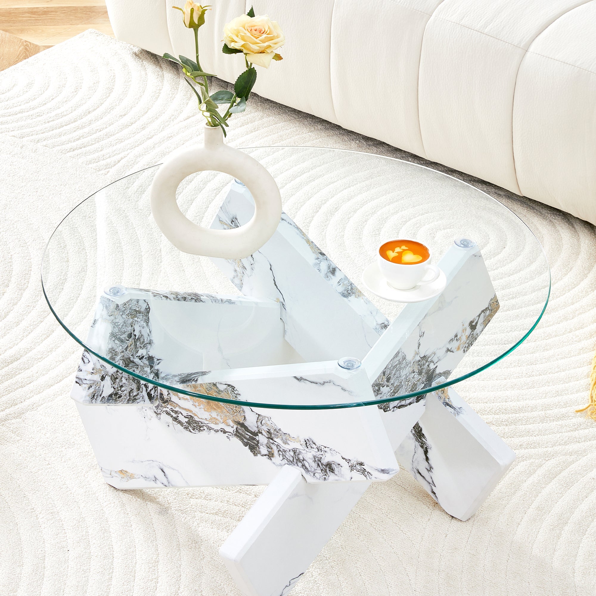 Round Coffee Table Glass Top 79cm Marble Look Legs - Multi-color