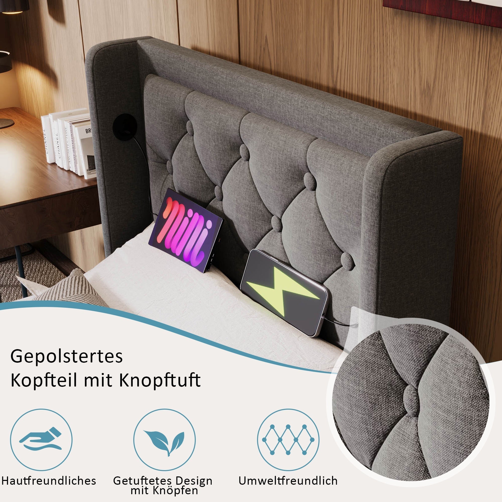 Upholstered Single Bed, Hydraulic Storage with USB & LED, Gray Cotton