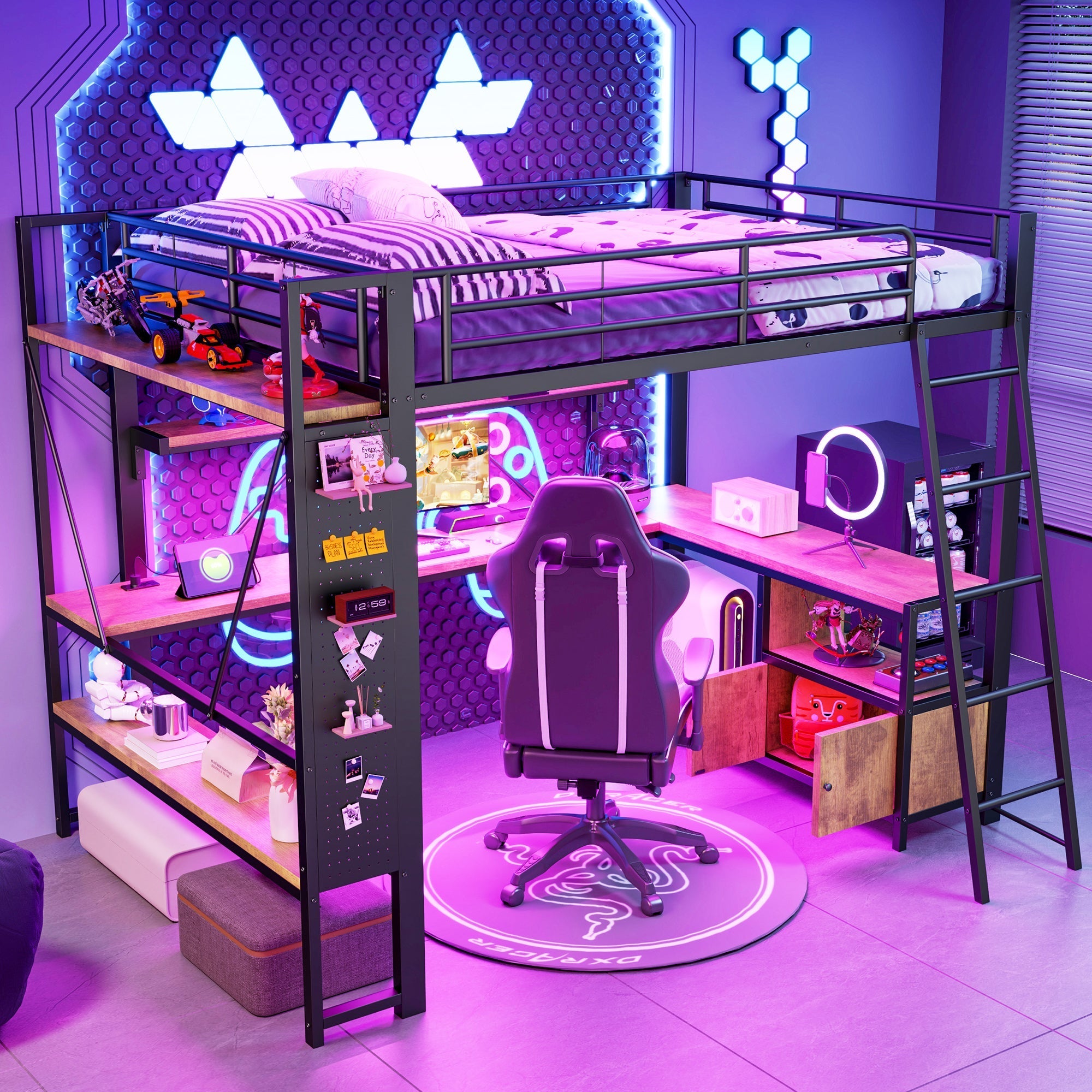 Loft Bed 140x200cm Iron Frame with Desk LED Light Strip USB Port Black