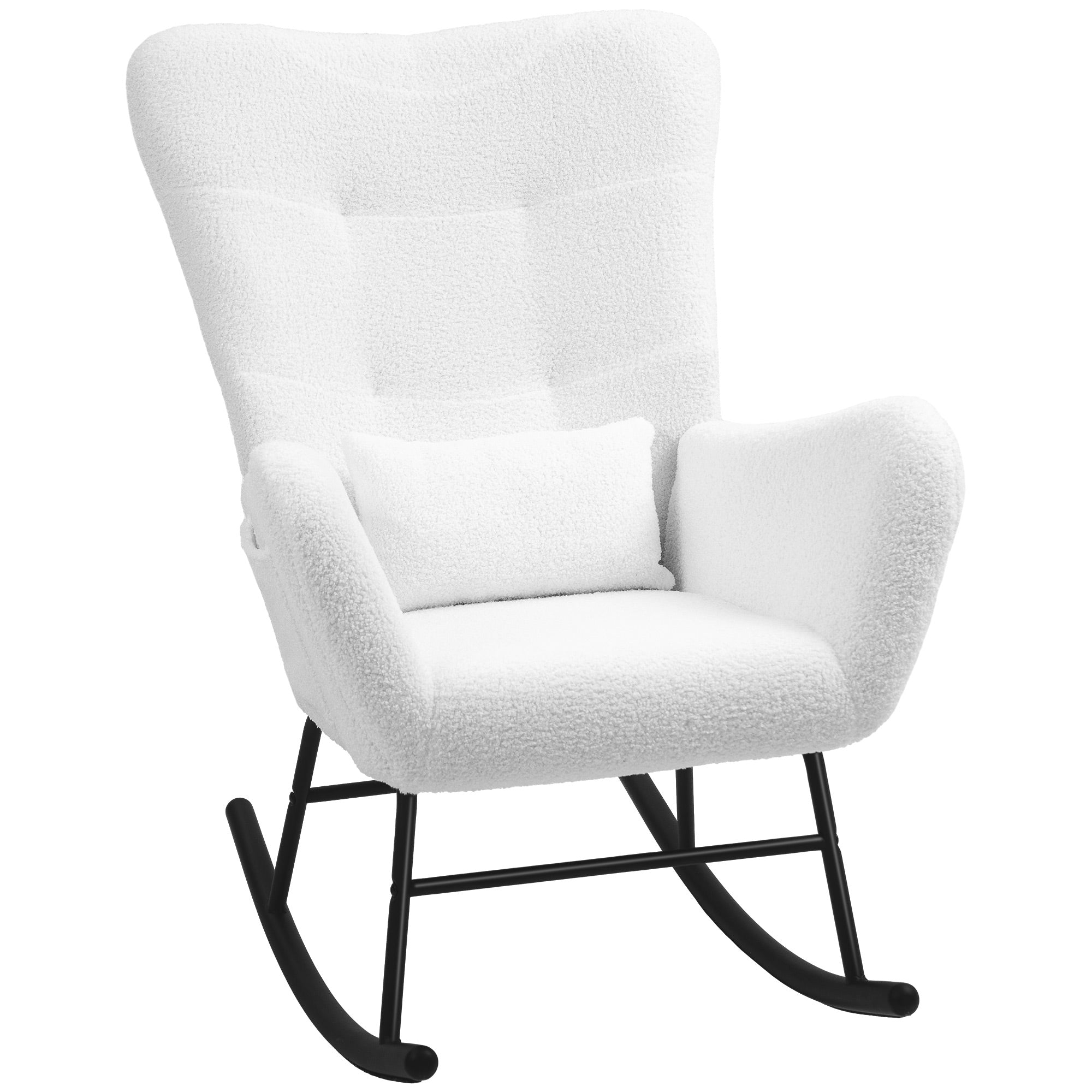 Rocking Chair, Teddy Fabric, Lumbar Cushion, White