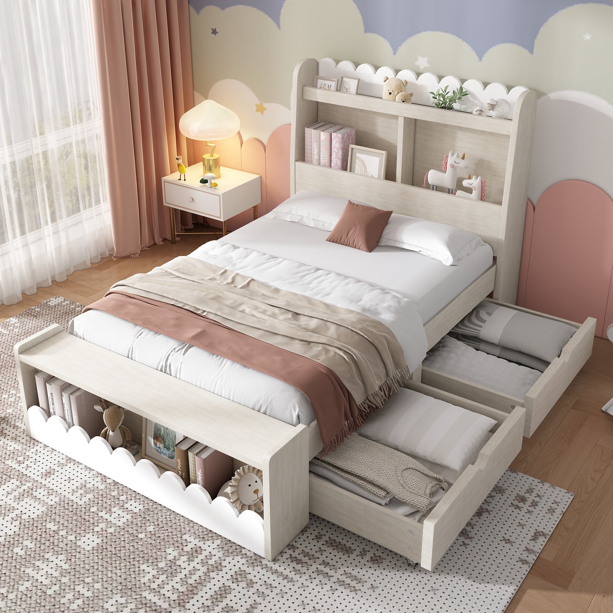 Children's Single Bed, Storage with Drawers, Shelf, Bench, Wood, White Oak