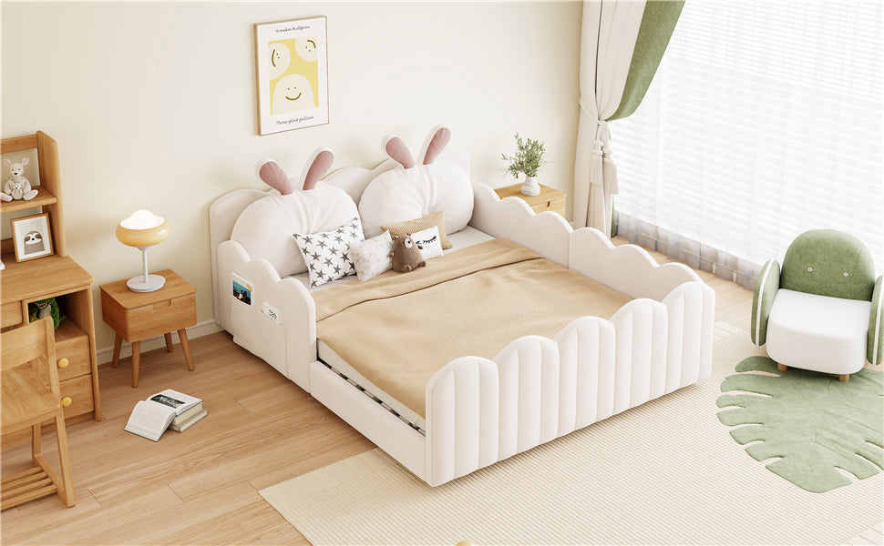 Upholstered Platform Bed with Rabbit-Shaped Cushions, 140x200cm, Beige Velvet
