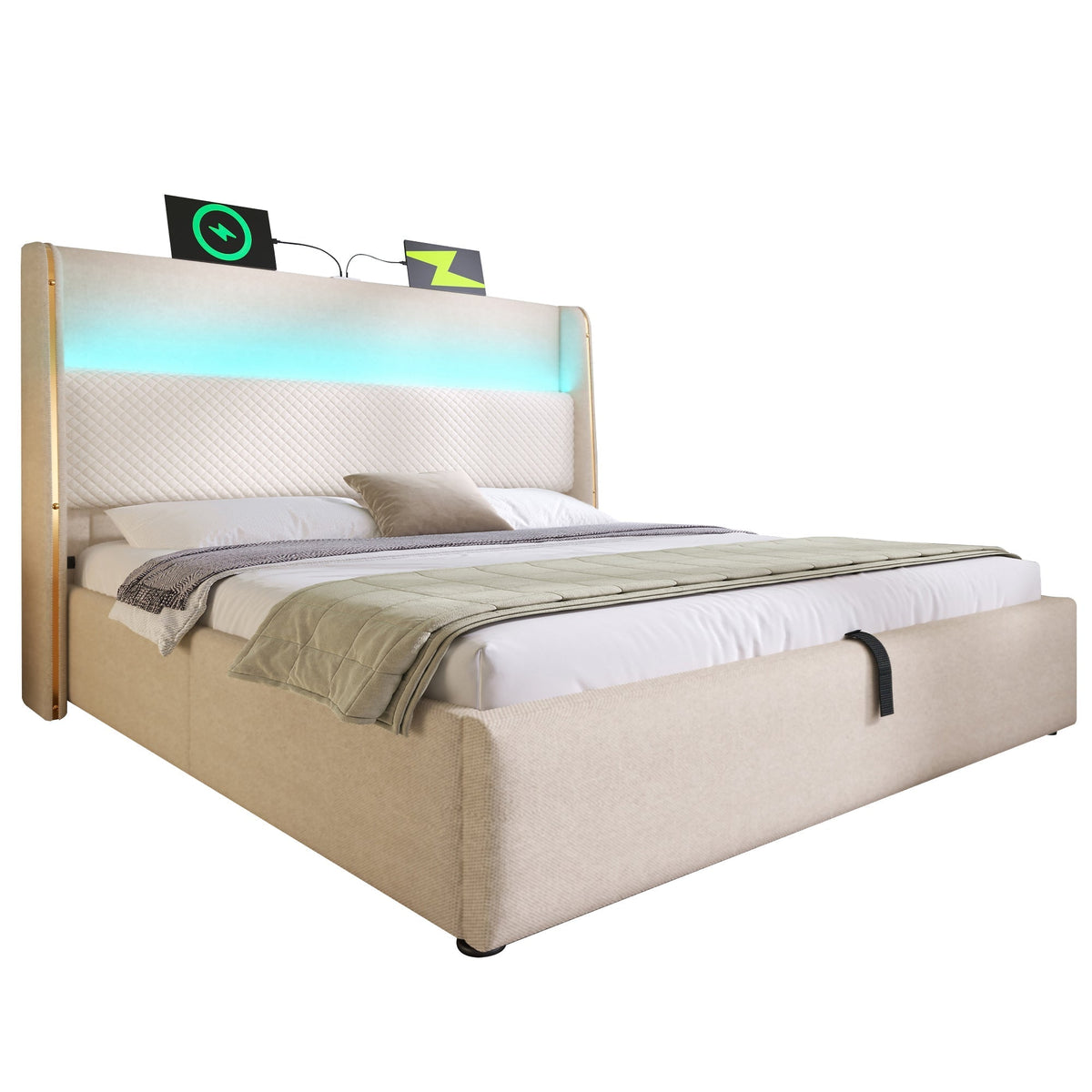 Modern Hydraulic Bed 140x200cm LED Storage USB/Type-C, Linen Look Beige