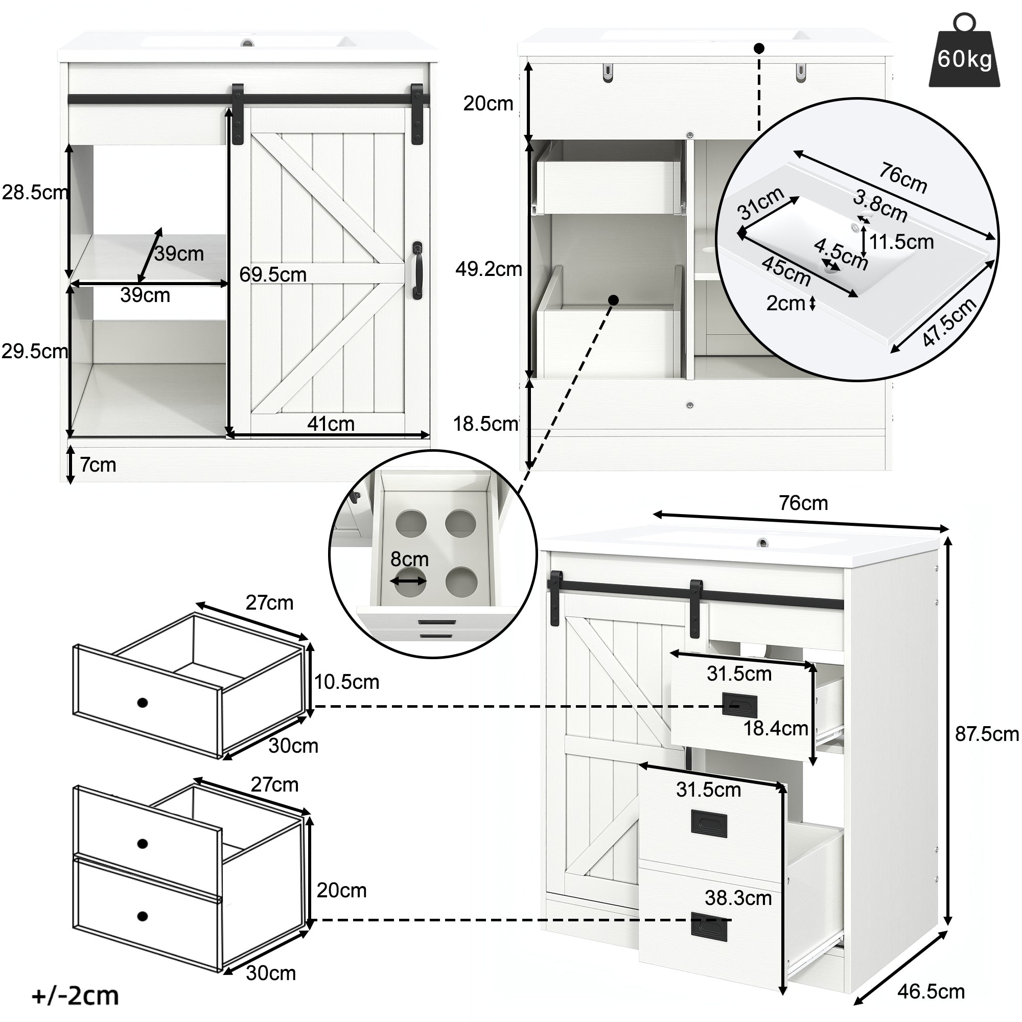 Bathroom Vanity Unit with Ceramic Sink and Barn Door Storage, White