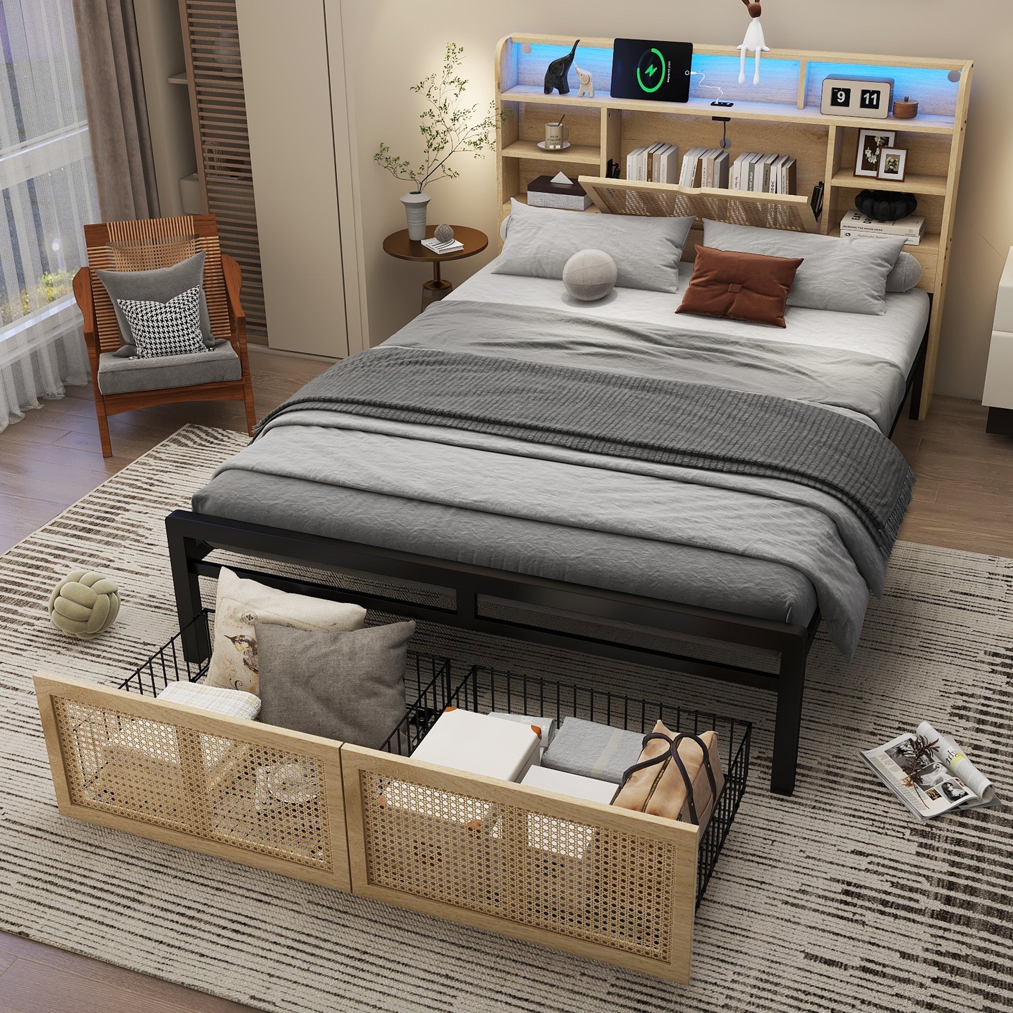Wooden Bed, Charging Port, LED Strip Light, 4ft6 Double, Wood Colour