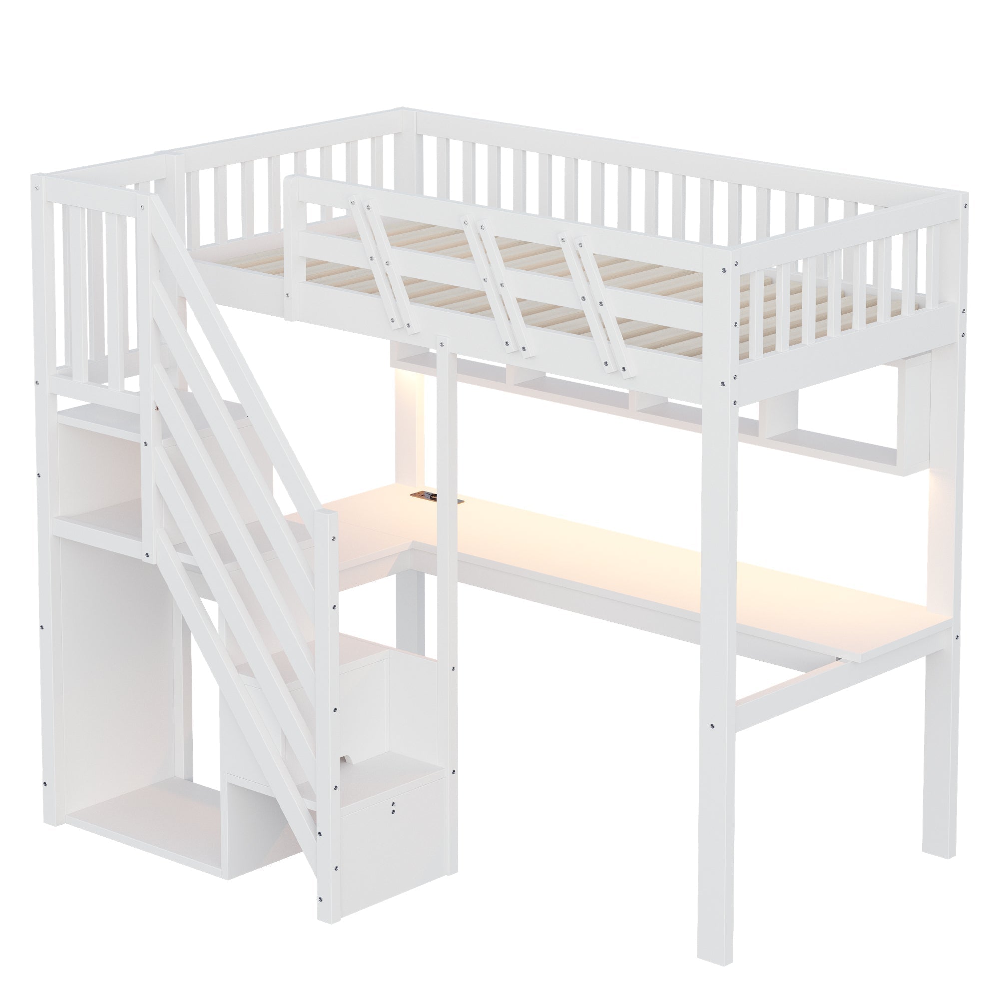 Solid Wood Loft Bed 90x200cm with Stairs Storage Cabinet Desk USB LED - White